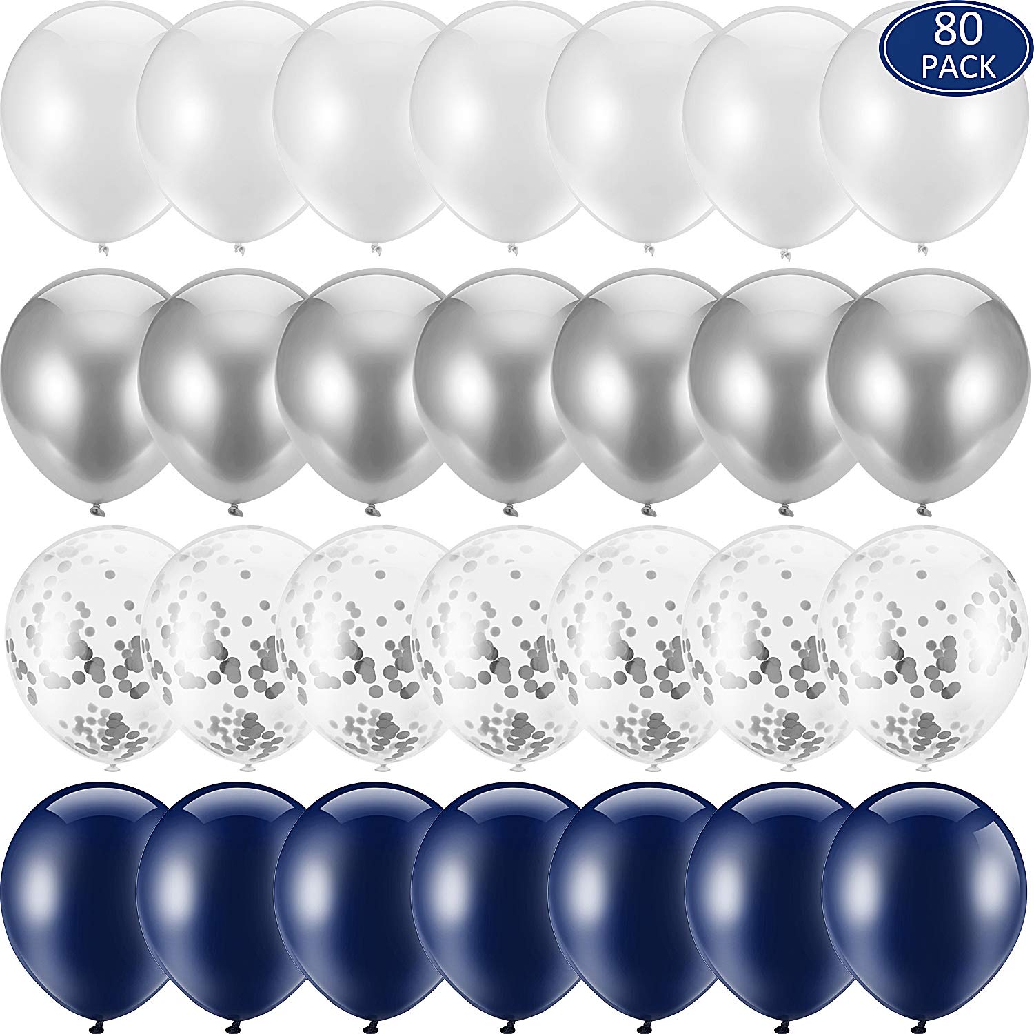 80 Pieces 12 Inch Navy Blue & Silver Confetti Balloons - Metallic Pearl Party Balloons for Boys Birthday, Baby Shower, Graduation & Navy Themed Decorations (Color 2)