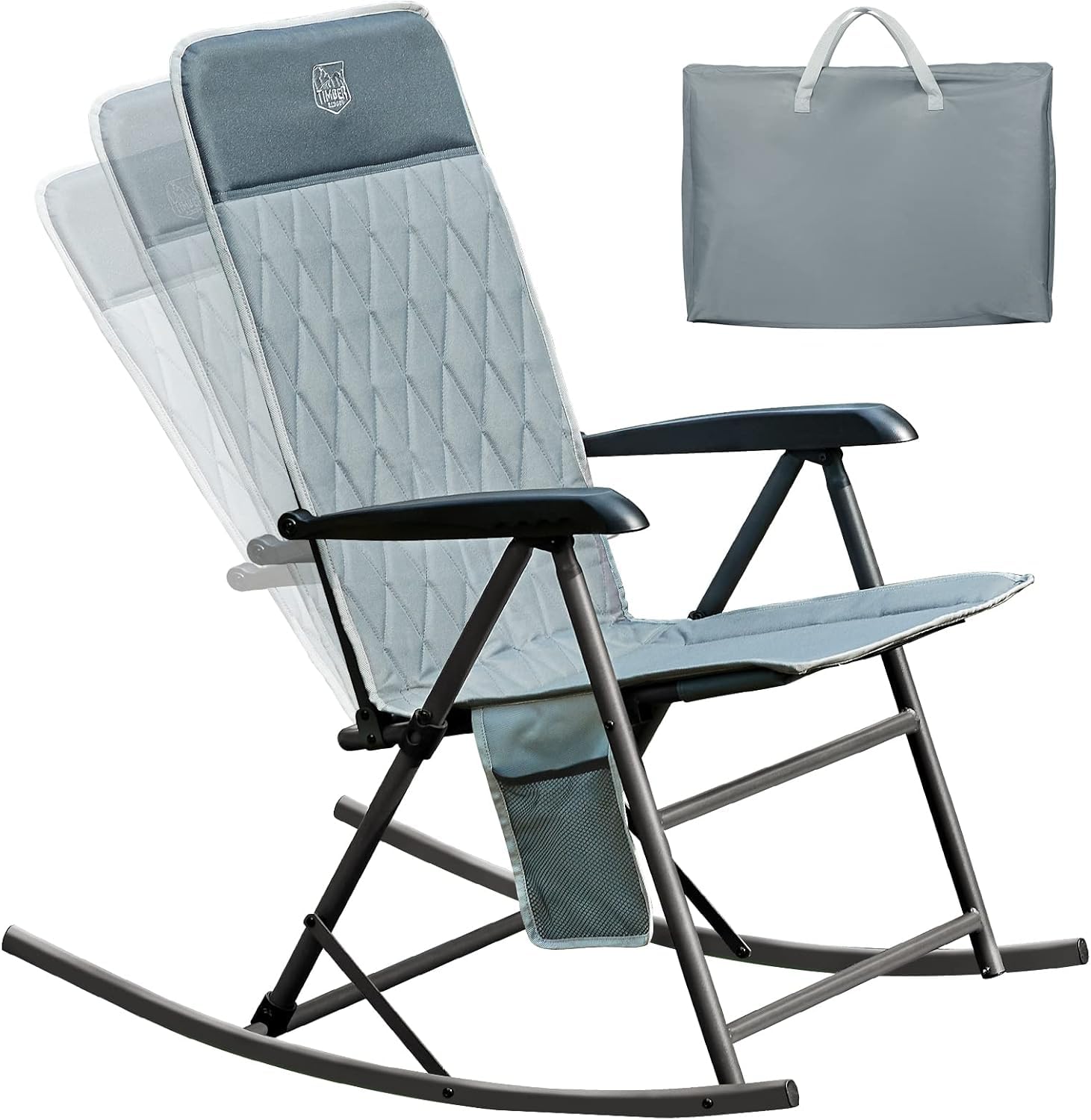 TIMBER RIDGE Adjustable Rocking Camping Chair - Padded High Back Outdoor Rocker with Side Pocket, Portable Folding Chair for Adults Supports 300 lbs - Perfect for Lawn, Patio, Porch, Beach & Backyard Relaxation (Grey, 1 Pack)