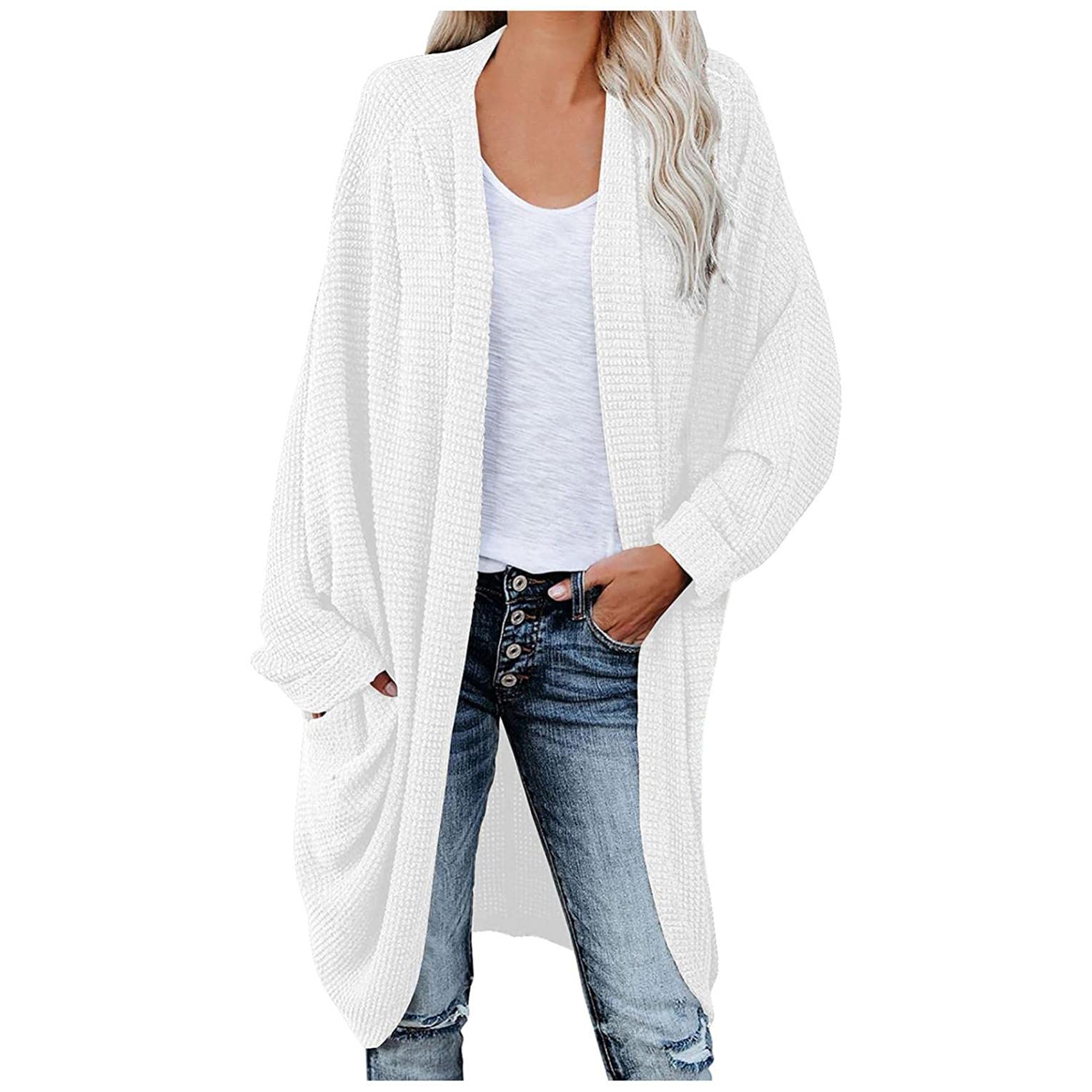 Women's Oversized Waffle Knit Long Cardigan - Batwing Sleeve Open Front Sweater Coat with Pockets | Casual Fall Layering, Coffee Shop Outfit, Work from Home Comfort Wear