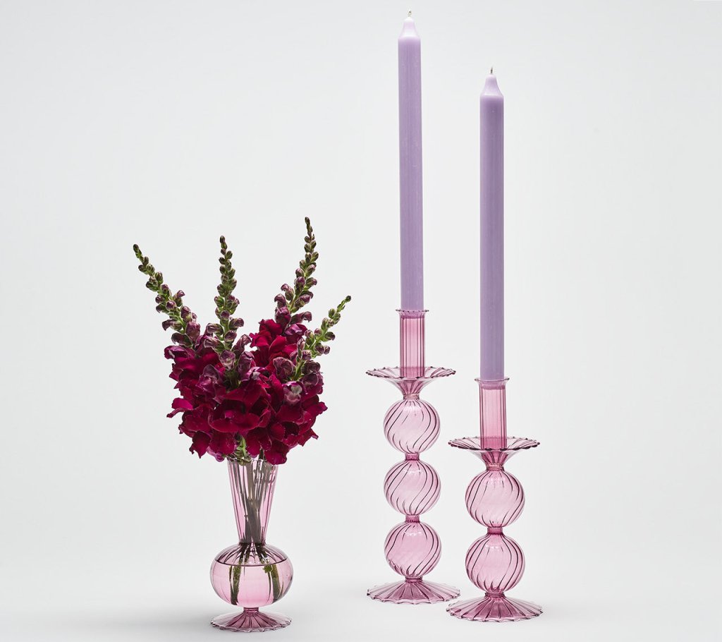 Bella Short Glass Candle Holders in Lavender - Set of 2 with Gift Box - Perfect for Wedding Centerpieces, Table Decor, and Romantic Home Ambiance