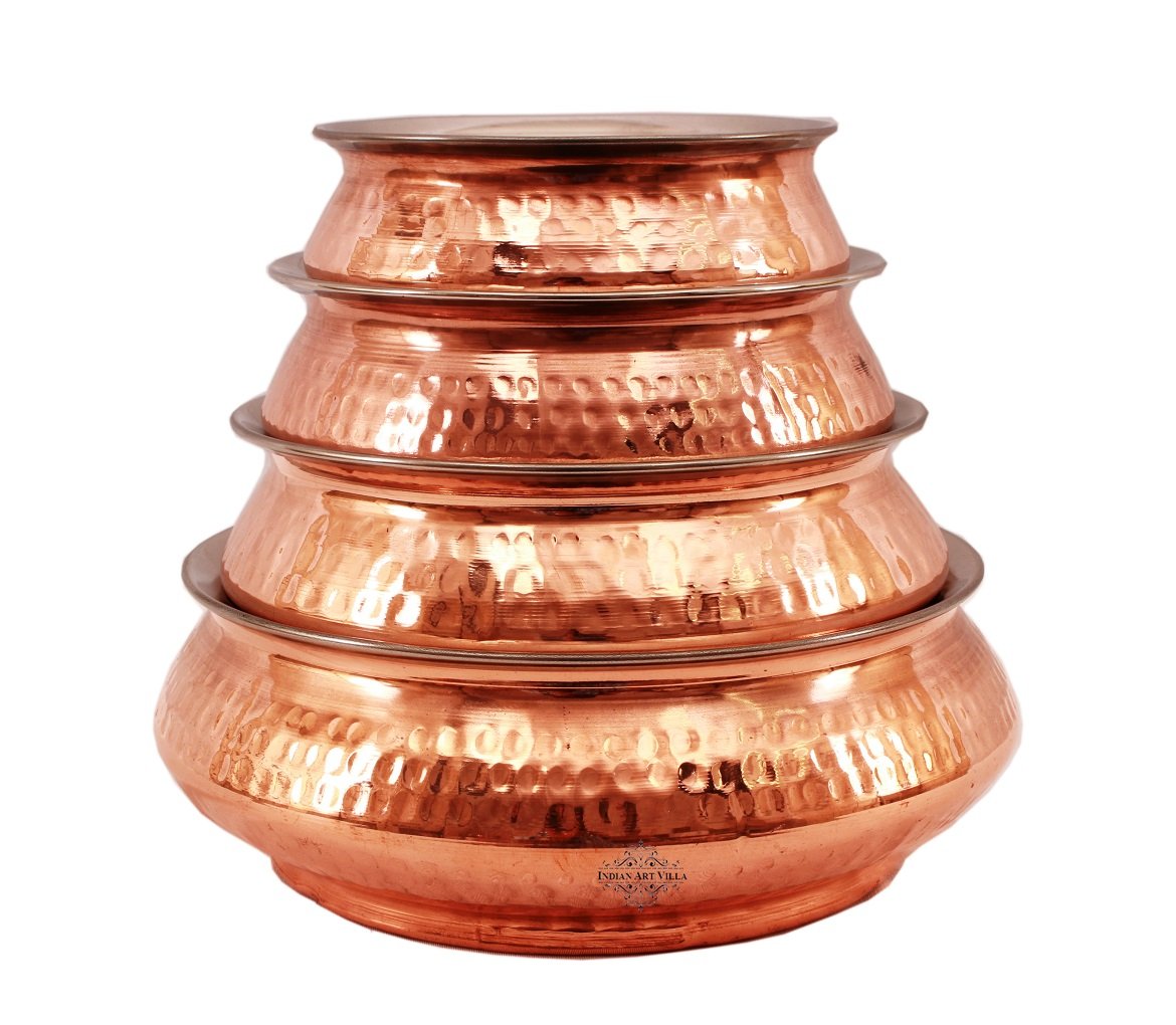 IndianArtVilla Handmade Set of 4 Steel Copper Mughlai Handi Serving Plates - Traditional Indian Cookware for Biryani, Curry & Rice - Perfect for Dinner Parties, Festivals & Home Decor