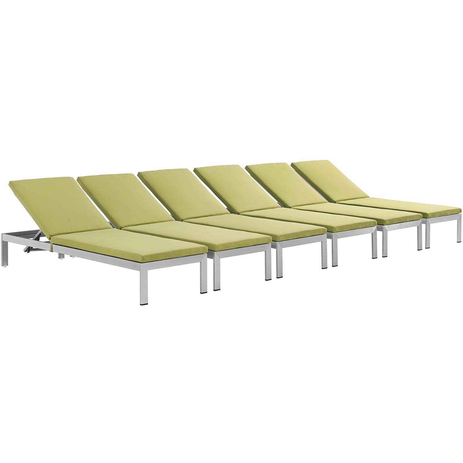 Modway Shore Outdoor Patio Chaise Lounge Set of 6 - Silver Peridot Aluminum Chairs with Weather-Resistant Cushions | Perfect for Poolside, Backyard, Beach & Resort Relaxation