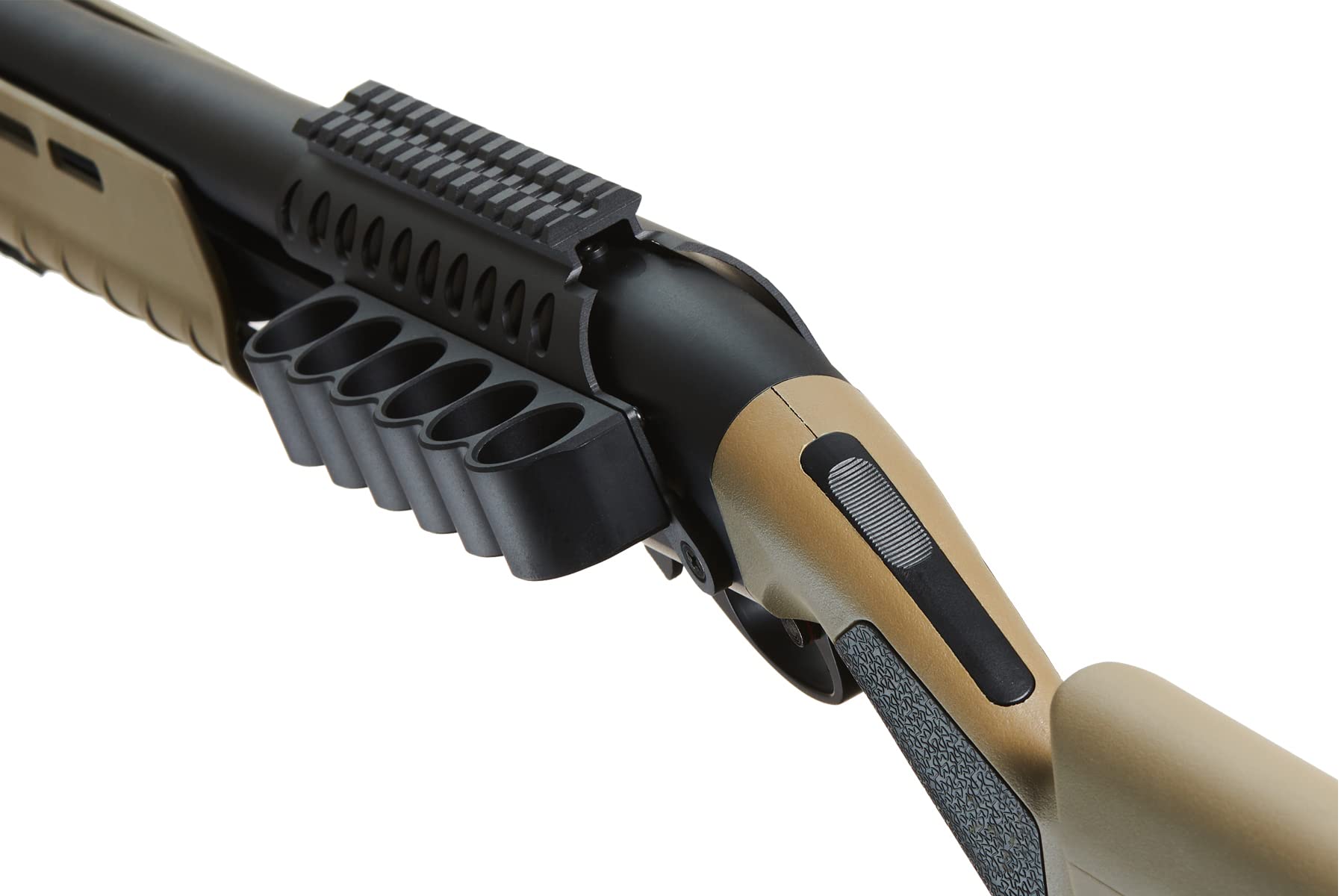 Golden Ball & Eagle M870 MP MLOCK Style 3/6-Shot Pump Action 350 FPS Gas Airsoft Shotgun - Tan with Holder | Tactical Training & Airsoft Battles | Outdoor Shooting & Survival Games