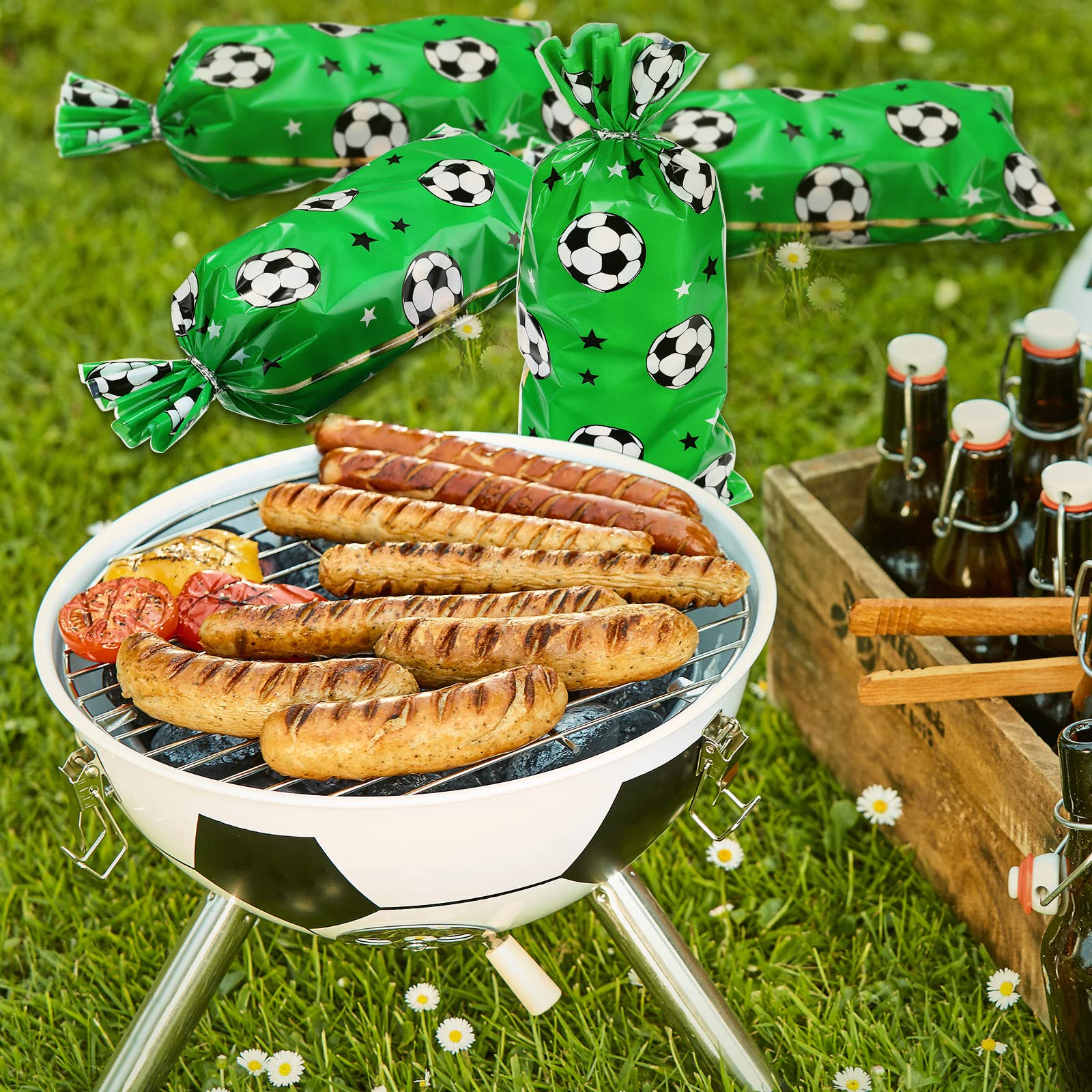Blulu 100-Pack Green Soccer Treat Bags - Heat Sealable Football Cellophane Candy Favor Bags with Silver Twist Ties for Birthday Parties, Team Celebrations & Sports Events