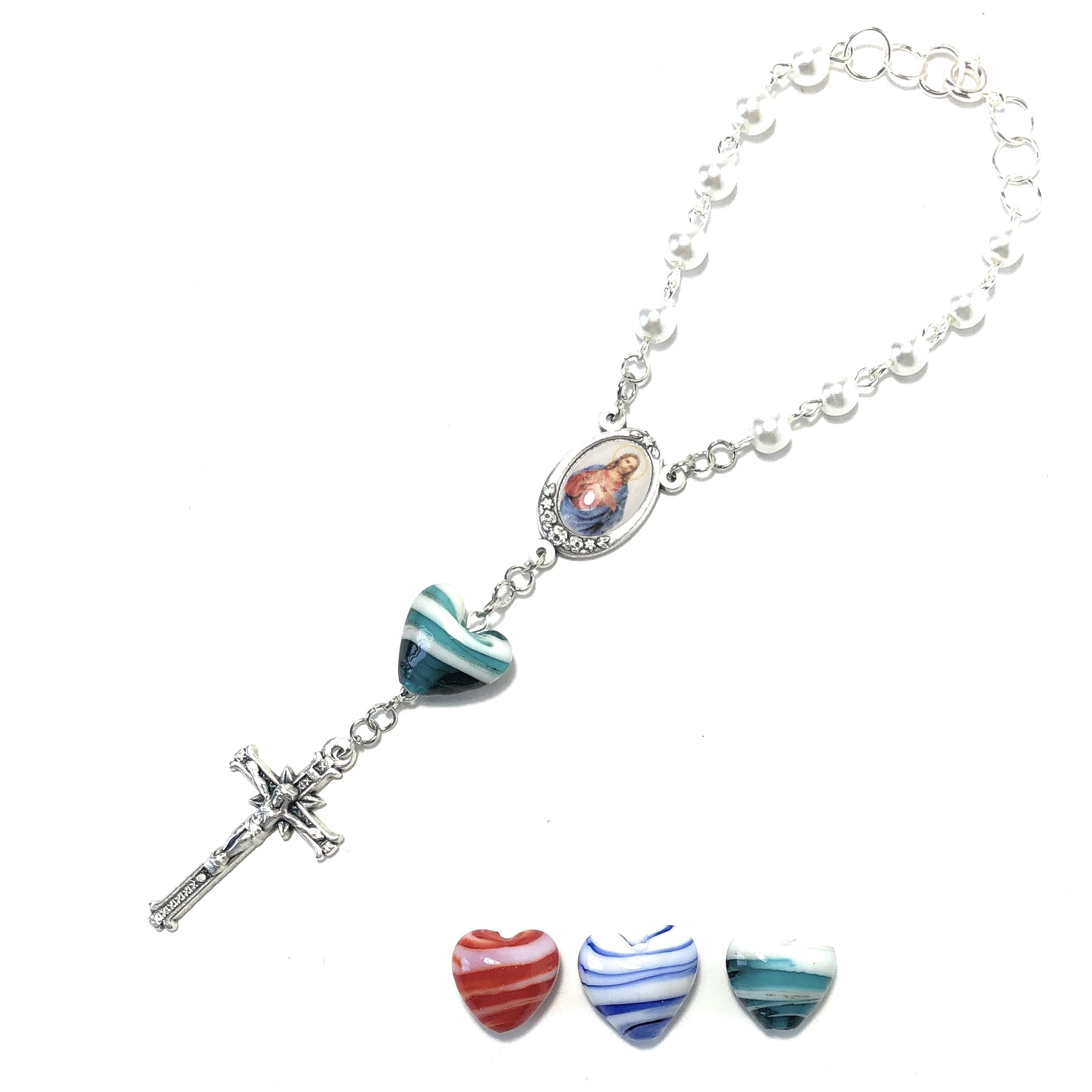 Sacred Heart of Jesus 1-Decade Rearview Mirror Car Rosary - White & Striped Red/Blue/Teal Heart Beads | Catholic Prayer Beads for Safe Driving & Spiritual Protection | Perfect for Commuting, Road Trips & Daily Devotion
