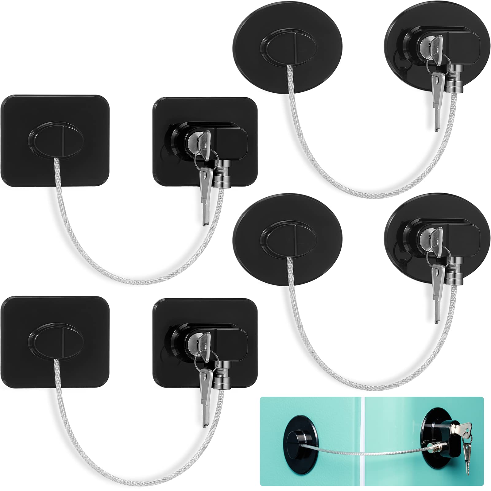 4-Piece Refrigerator Lock Set with 8 Keys - Child Safety Locks for Fridge, Freezer, Cabinets, Drawers & Toilet Seats - Durable Black Kitchen Appliance Security for Homes with Kids & Pets