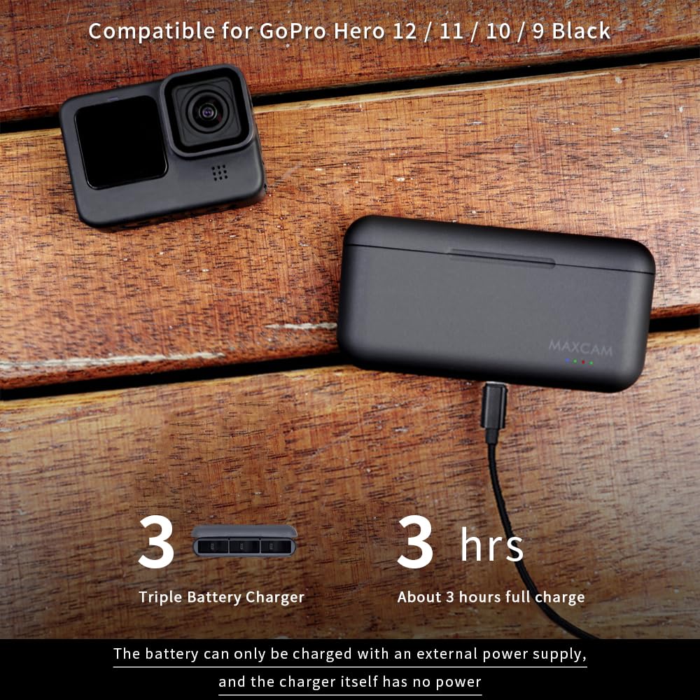 Fast Triple Battery Charger for GoPro HERO12/11/10/9 - Rapid USB-C Charging Station with LED Indicators - Perfect for Travel, Vlogging & Outdoor Adventures
