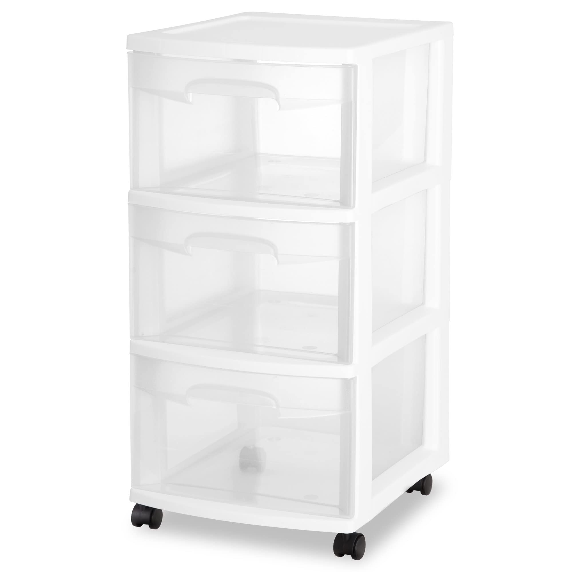 3-Tier Plastic Storage Drawer Cart with Removable Wheels - Medium Home Organization Storage Container - Clear Drawers & White Frame - Perfect for Bedroom, Bathroom, Office & Closet Organization (Set of 1, White)