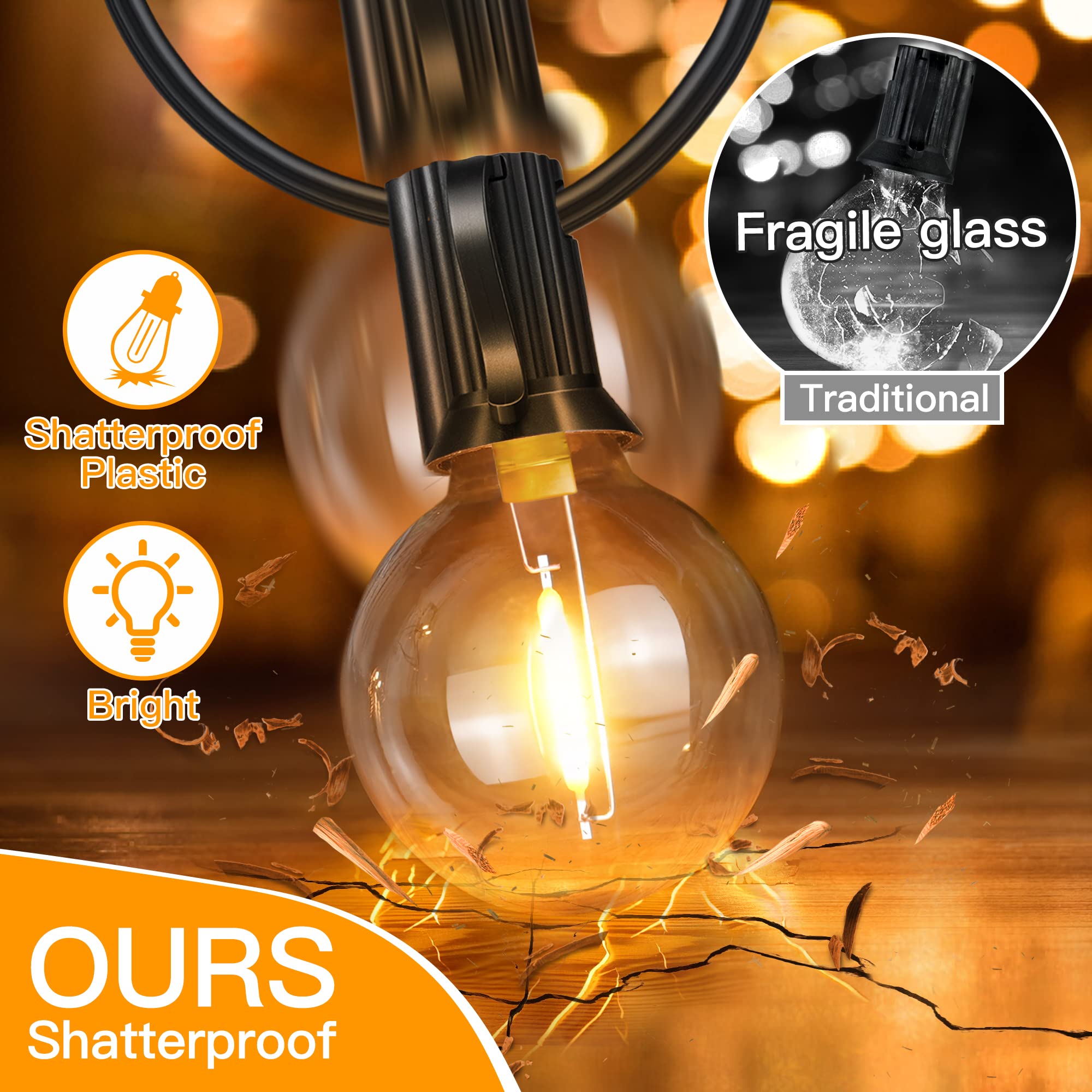 50FT Outdoor String Lights Waterproof Connectable Shatterproof - 25 Edison + 2 Spare LED Bulbs Plug in - Perfect for Patio, Indoor, Balcony, Porch, Camping, Deck & Backyard Lighting