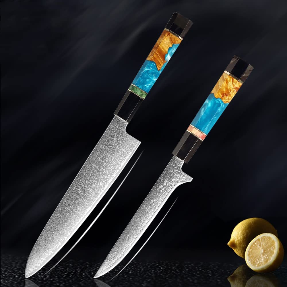 Premium 6-Piece Damascus Steel Kitchen Knife Set - Chef, Cleaver, Paring & Kiritsuke Knives with Resin & Horn Handle - Perfect for Home Chefs & Culinary Enthusiasts - Ideal for Slicing, Dicing & Food Prep (Color: B8800-2pcB)