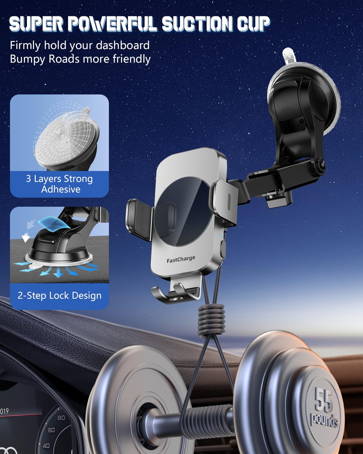 Fast Wireless Car Charger & Phone Holder - 3-in-1 Auto Clamping Mount for iPhone 16/15/14/13/12/11/XS/XR & Samsung S23 Ultra/S22/S21/S20/S10+/S9+/Note 9 - Perfect for Road Trips & Commuting