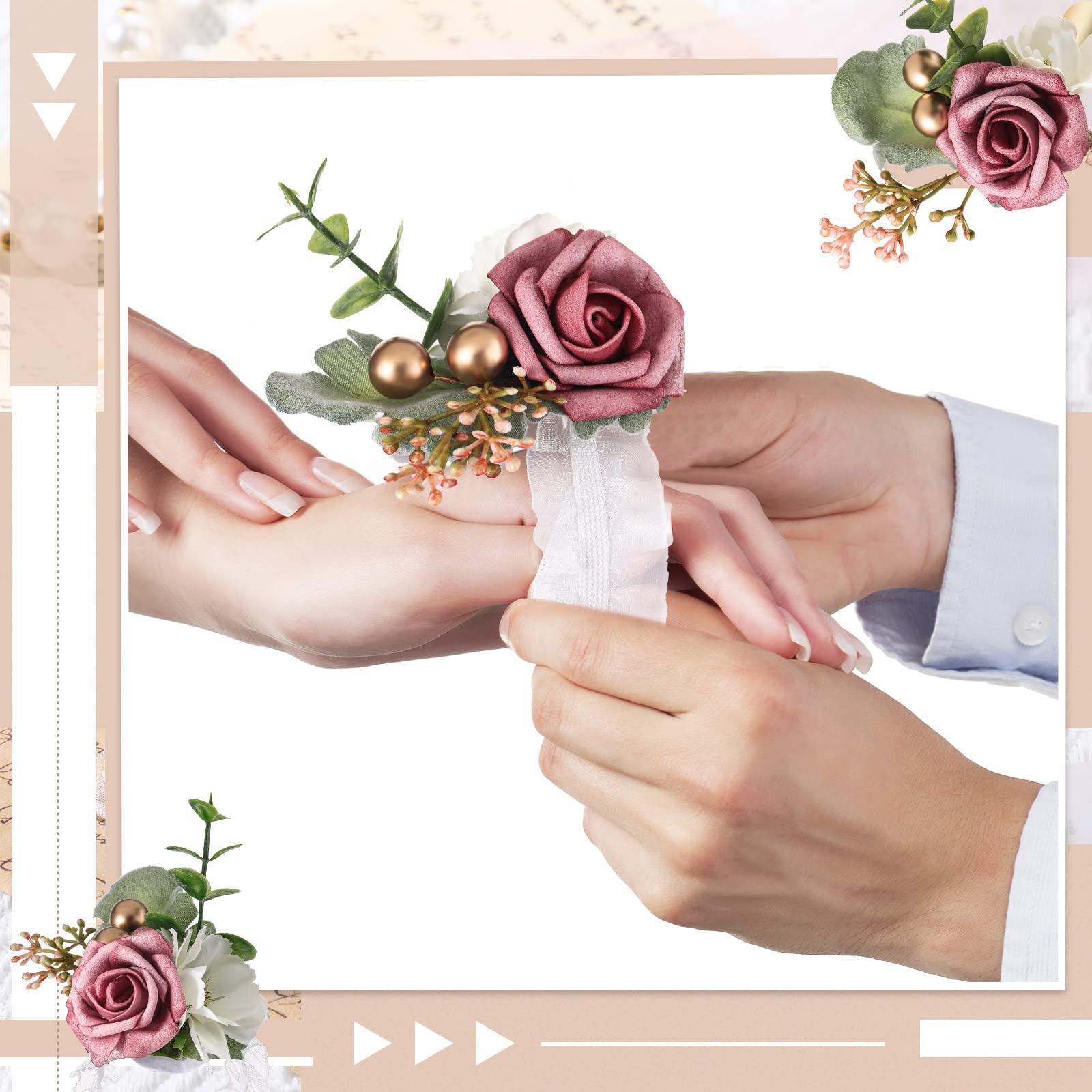 12 Pcs Dusty Rose Wedding Wrist Corsage & Boutonniere Set - Elegant Rose Floral Accessories for Prom, Wedding Ceremony, Anniversary & Formal Events - Perfect for Bridesmaids, Groomsmen & Couples