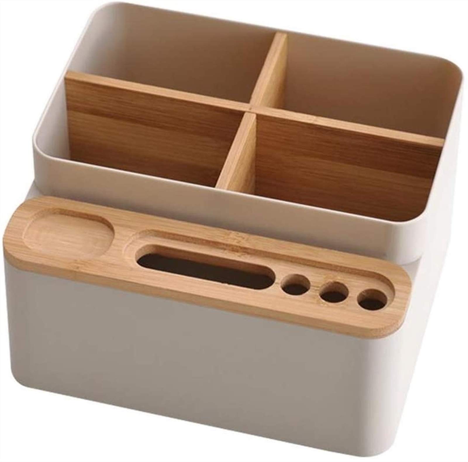 QWEA Wooden Desk Organizer - 4 Grid Multi-Function Pen Holder & Phone Stand for Office, School & Home | Stationery Storage Case, Pencil Box & Desktop Organizer for Workspace & Study