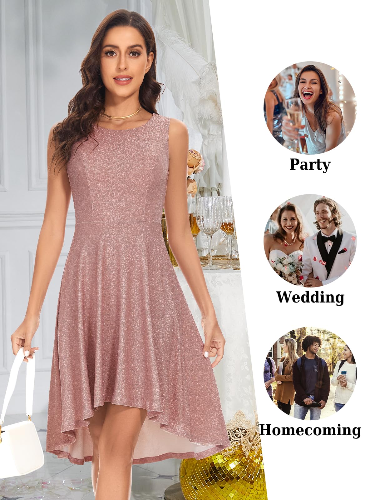 Elegant Modest Homecoming Dresses 2024 | Hi-Lo Glitter Formal Cocktail Prom Party Wedding Guest Bridesmaid Dress | Perfect for Special Occasions & Evening Events