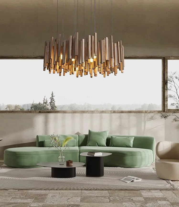 Solid Oak Wood Hanging Chandelier - Rustic Farmhouse Ceiling Light Fixture for Dining Room, Kitchen Island & Bedroom Decor