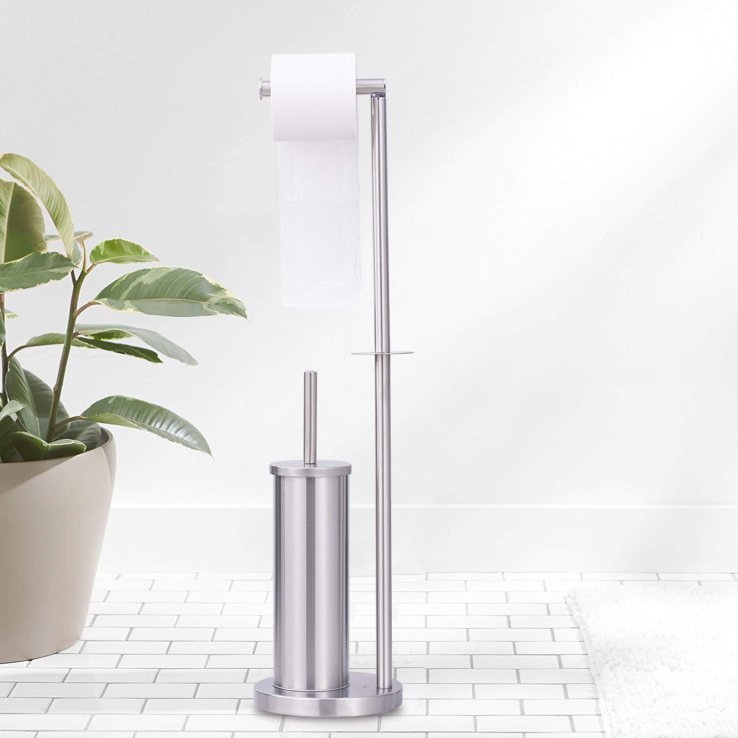 Nuovoo Freestanding Toilet Paper Holder Stand with Toilet Brush Holder - Chrome Bathroom Tissue Storage Organizer & Dispenser - Perfect for Small Bathrooms, Powder Rooms, and RVs