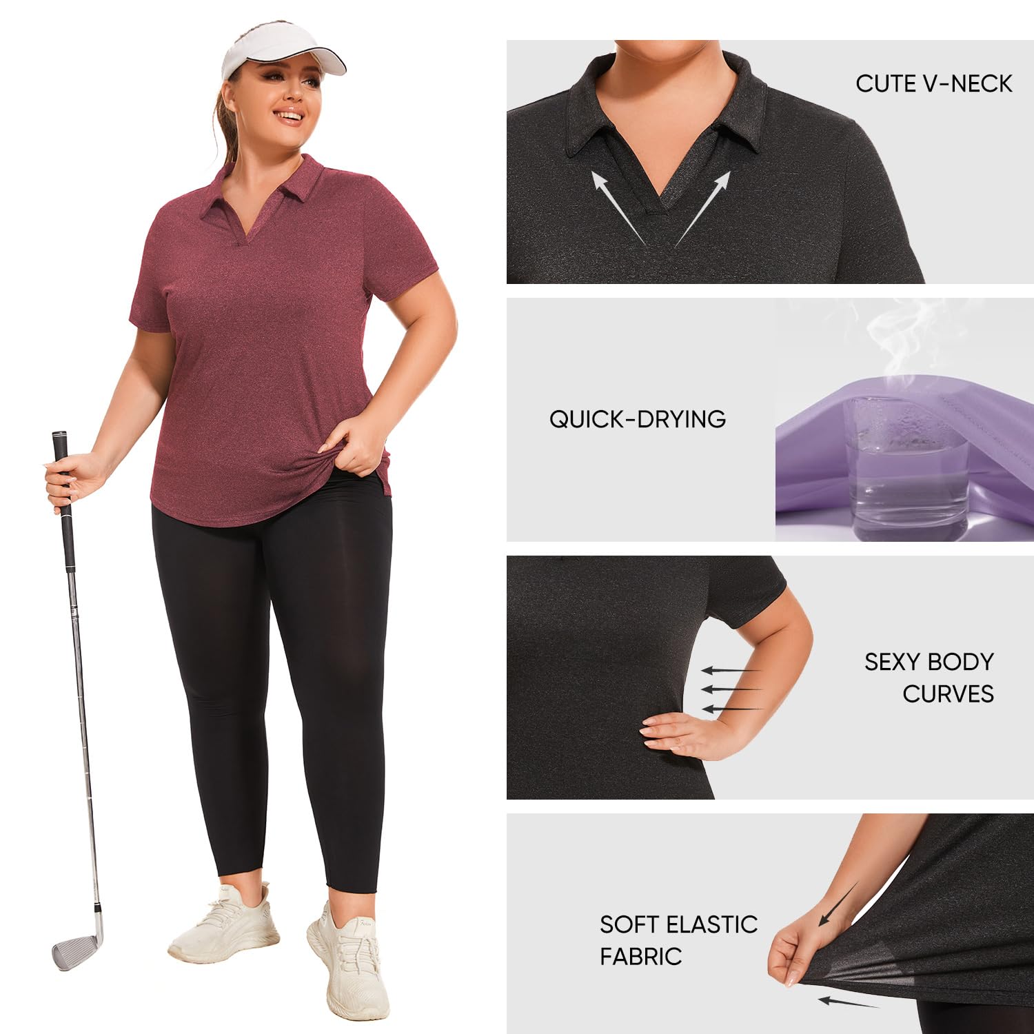 **Plus Size Polo Shirts for Women - Short Sleeve V-Neck Golf & Tennis Shirts - Loose Fit Quick-Dry Workout Tops for Casual, Sports & Outdoor Activities**