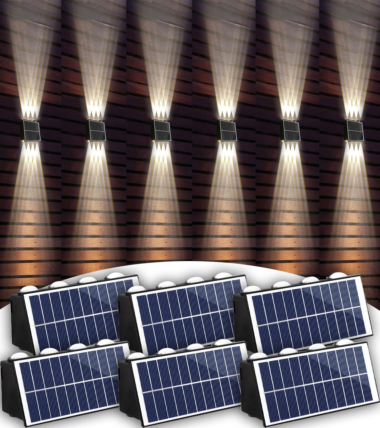 Solar Powered Outdoor Fence Lights - 6 Pack Waterproof IP65 Multi-Color LED Wall Lights with Up/Down Lighting for Yard, Garden, Garage, Walkway & Porch Decor (Warm White) - Perfect for Landscape Lighting, Pathway Illumination & Nighttime Safety