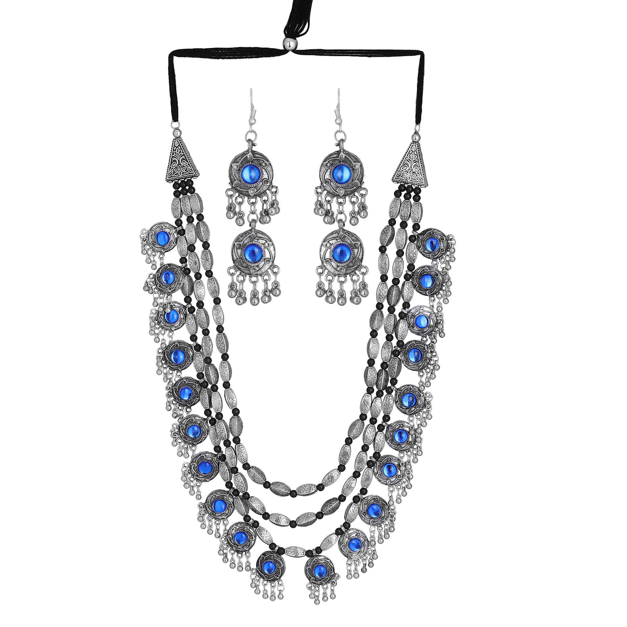 Oxidized Silver Afghani Style Statement Necklace & Earrings Set - Indian Handmade Jewelry with Stone Work for Women & Girls | Boho Chic Accessories for Parties, Weddings & Festive Occasions