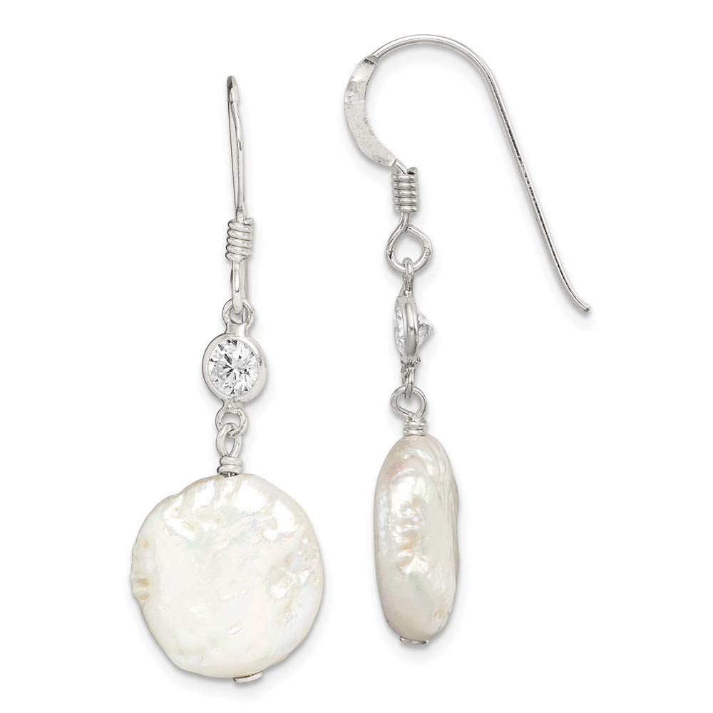 Sterling Silver Freshwater Cultured Coin Pearl and Cubic Zirconia Earrings for Women - Elegant Dangle Drop Jewelry for Parties, Weddings & Everyday Wear