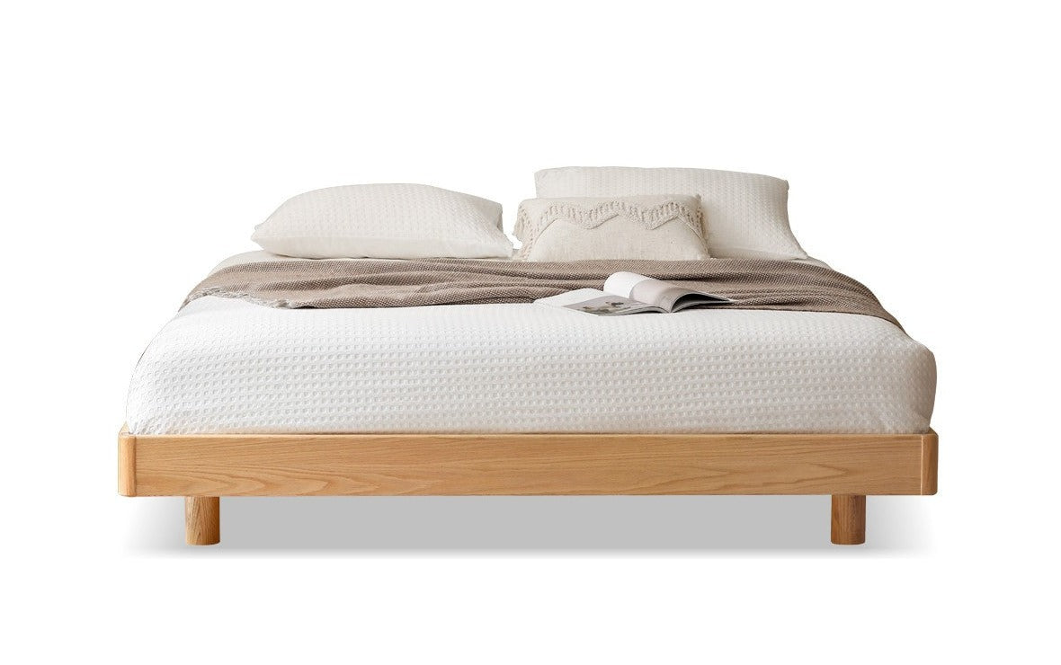 Solid Oak Wood Floating Platform Bed - No Headboard Modern Minimalist Bed Frame with LED Lights for Bedroom, Guest Room, or Studio Apartment