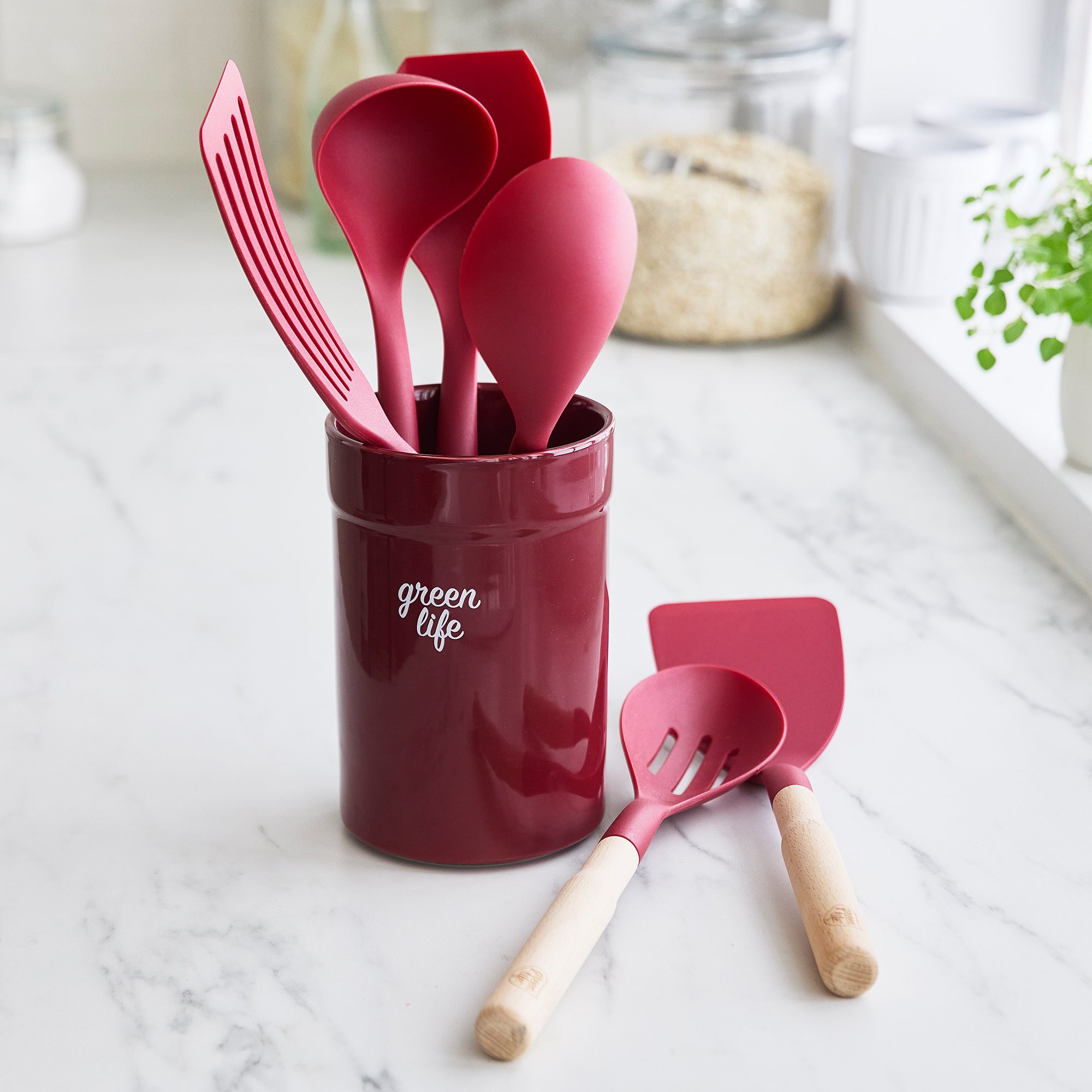GreenLife Non-Toxic Nylon & Wooden Cooking Utensil Set with Ceramic Holder - 7 Piece Kitchen Tools for Sauteing, Stirring & Serving - BPA-Free & Heat-Resistant (Red) - Perfect for Home Chefs & Healthy Cooking