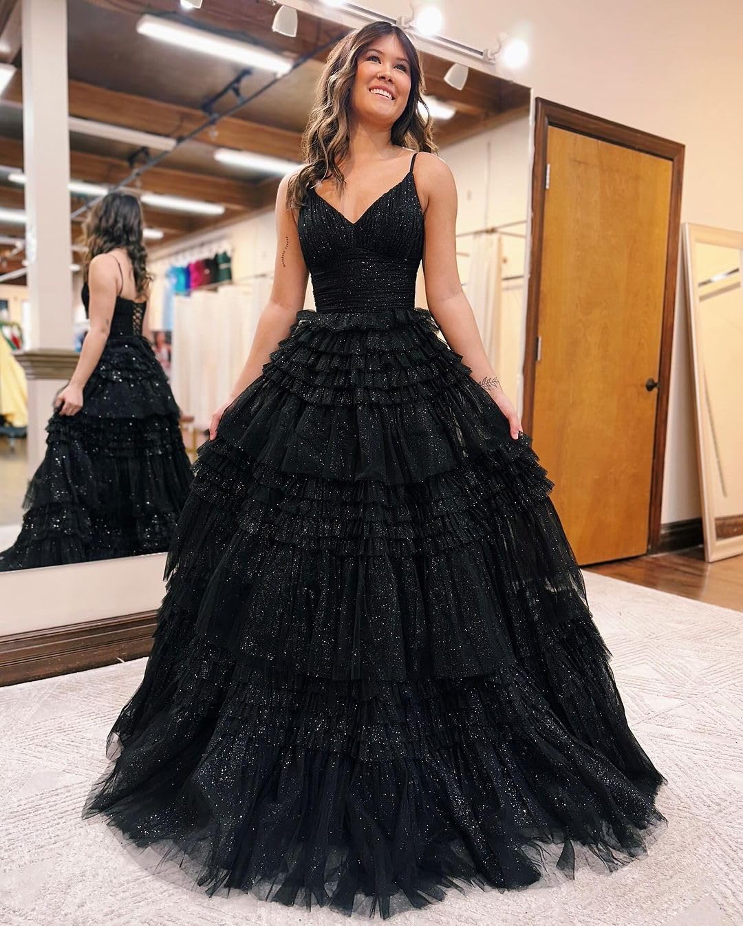 Sparkling Women's Tiered Glitter Tulle Prom Dress - V-Neck Ruffled Formal Evening Gown for Homecoming, Quinceañera, Wedding & Special Occasions