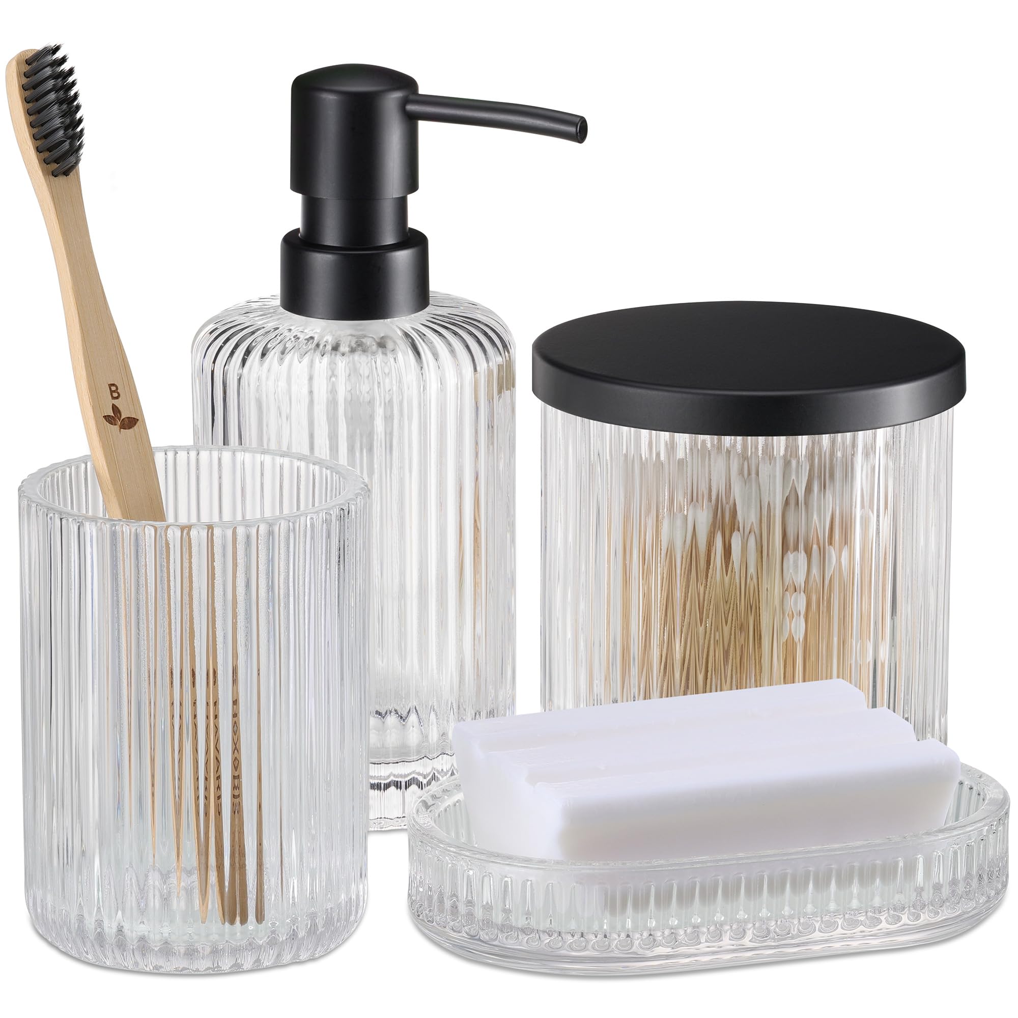 Navaris 4-Piece Glass Bathroom Set - Soap Dispenser, Toothbrush Holder, Soap Dish & Cotton Pad Organizer - for Modern Bathrooms