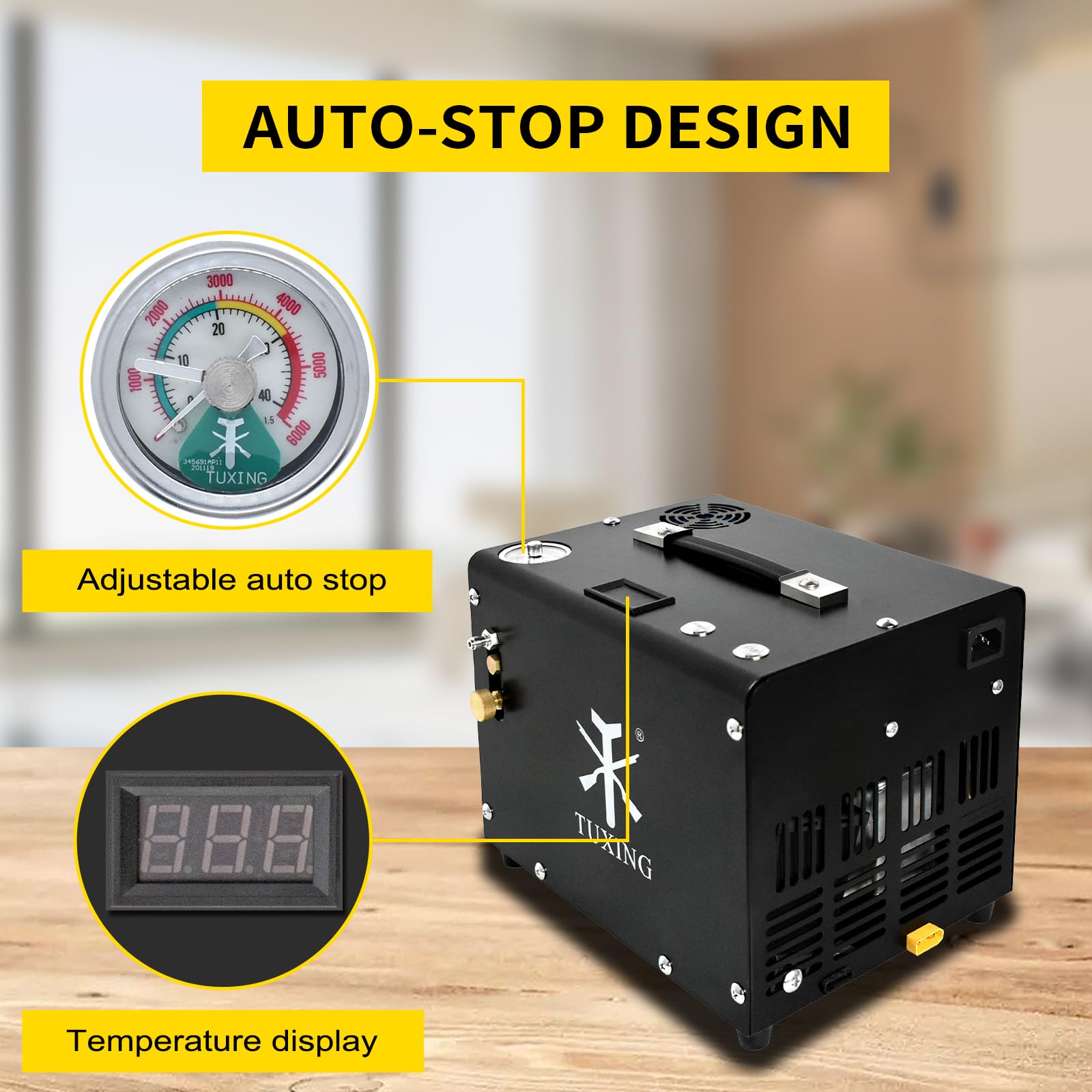 TUXING 4500PSI PCP Air Compressor - Portable High Pressure Air Pump with Auto-Stop, 12V DC & 110V/220V AC Power, Built-in Cooling Fan & Adapter - Perfect for Paintball, Air Rifle, Mini Scuba Tank & PCP Airgun Refilling