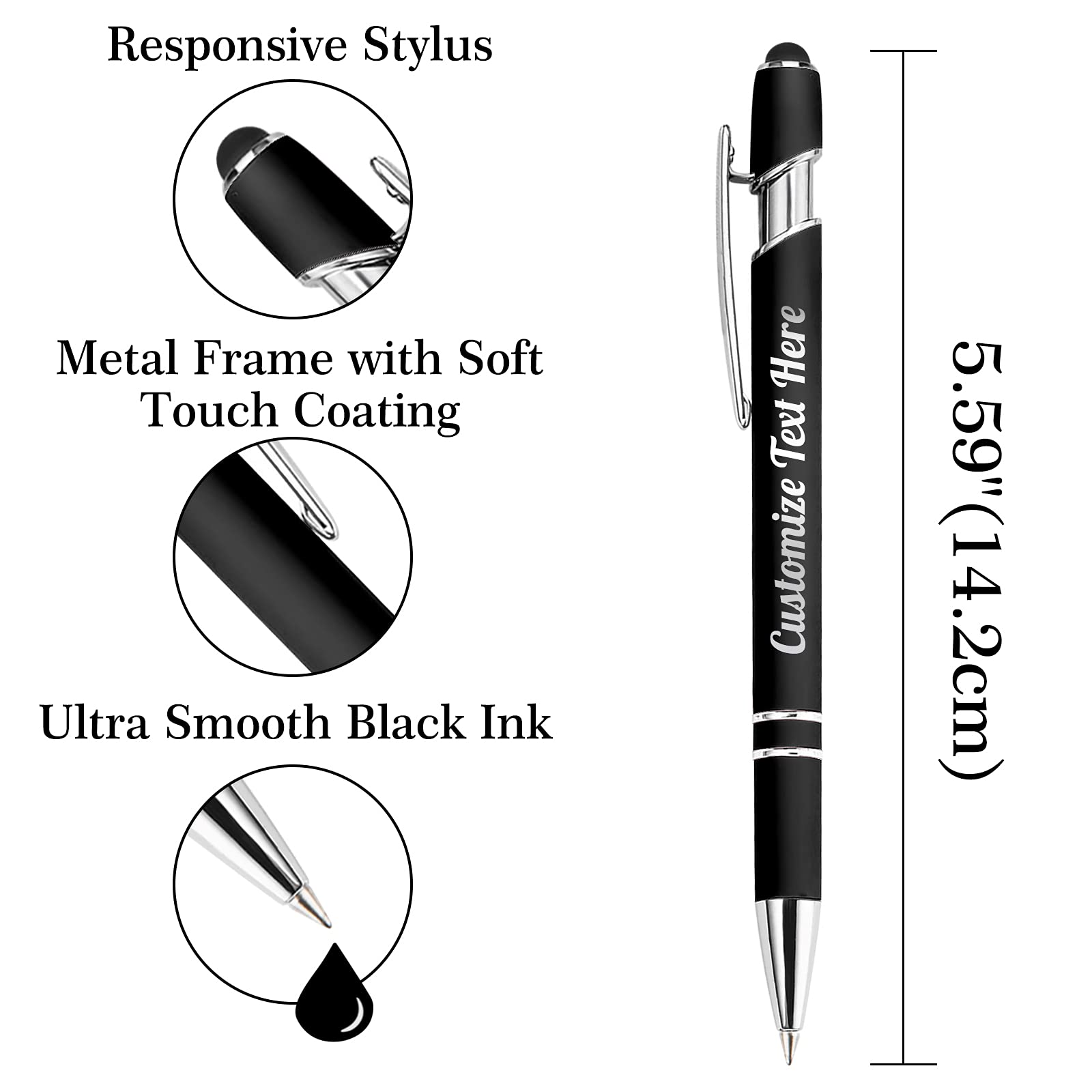 Custom Bulk Personalized Pens - 60 Pcs Engraved Ballpoint Pens with Business Name/Logo (Medium Point, Black Ink) - Perfect for Corporate Gifts, Promotions, Birthdays, Anniversaries & Graduations - Includes Stylus Tip for Digital Devices