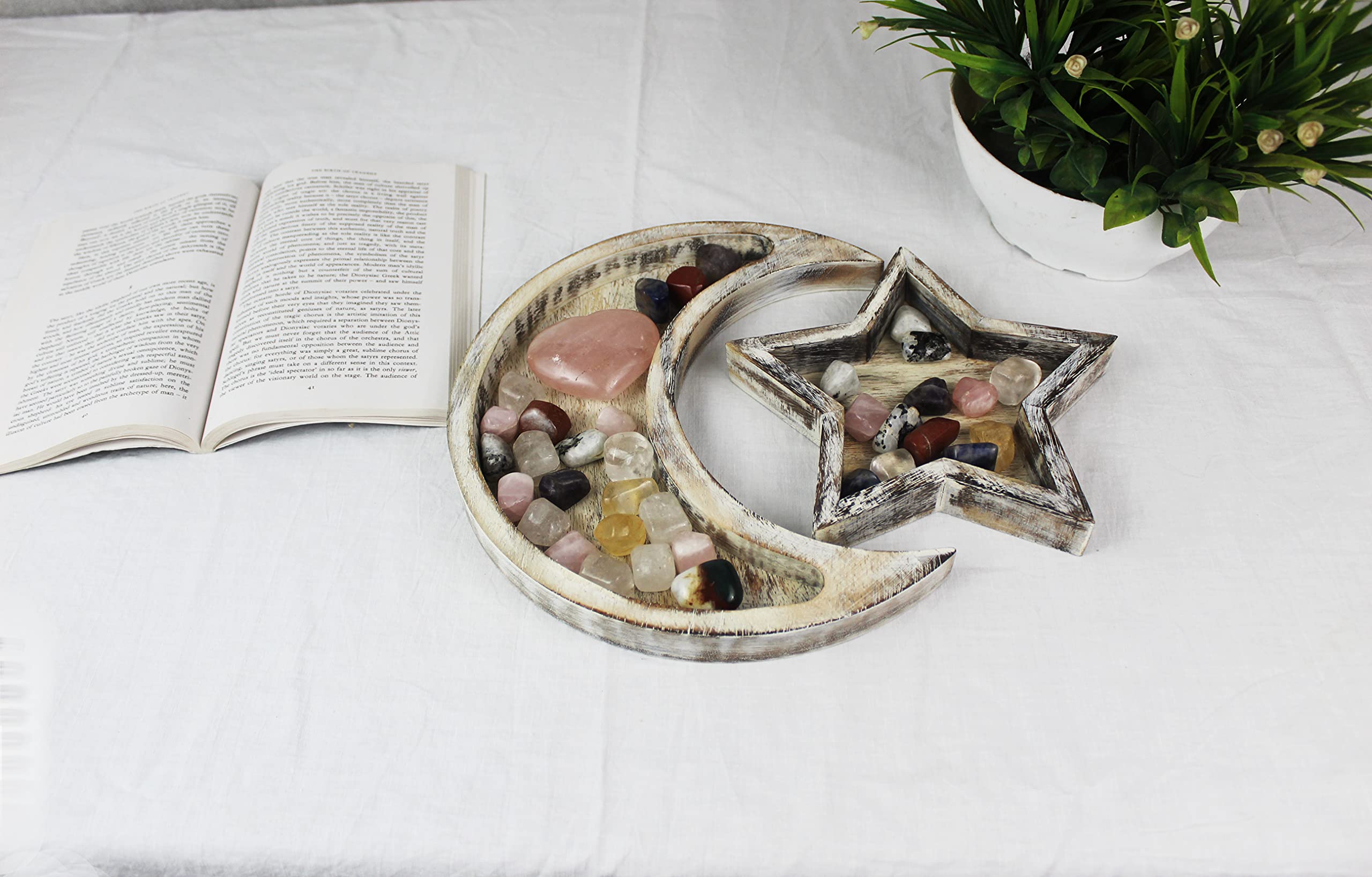 Wooden Crystal Display Tray - Rustic White for Healing Stones & Decor