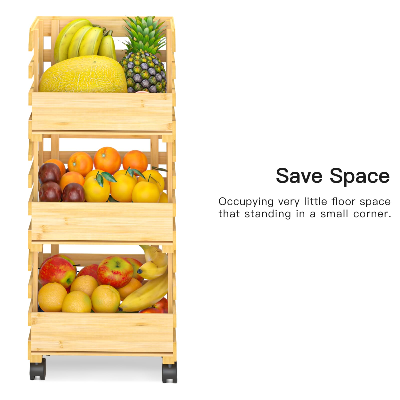 3-Tier Bamboo Fruit Basket for Kitchen Counter - Detachable Large Storage Organizer for Fruits, Vegetables, Snacks & Bread | Perfect for Pantry, Dining Room & Small Space Organization