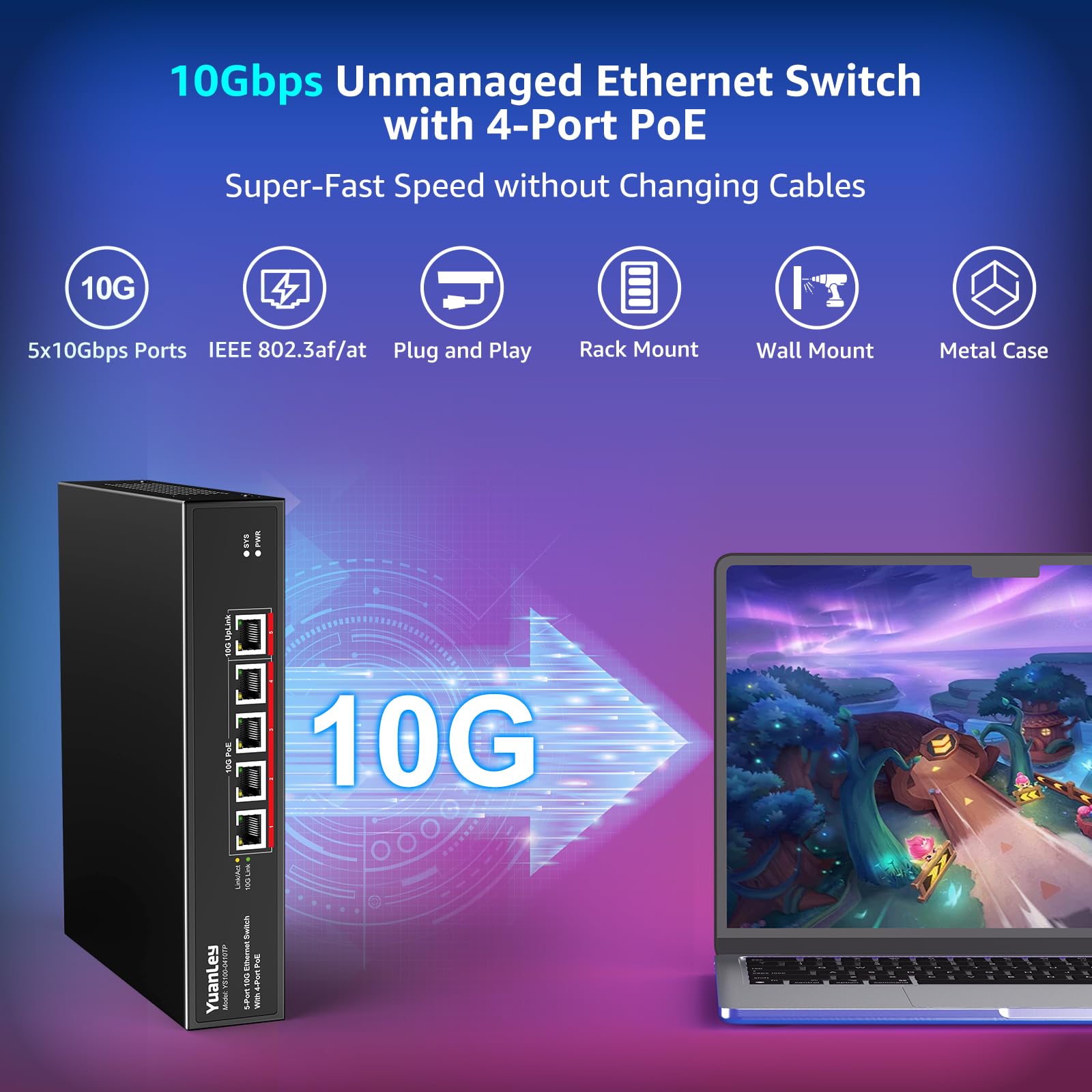 YuanLey 5-Port 10G PoE Switch Unmanaged - 4 x 10G PoE Ports, 1 x 10G Uplink, IEEE 802.3af/at, 65W Power, 1G/2.5G/5G/10G Compatible, Rackmount 10GbE Network Switch for Home Office, Surveillance & High-Speed Networking