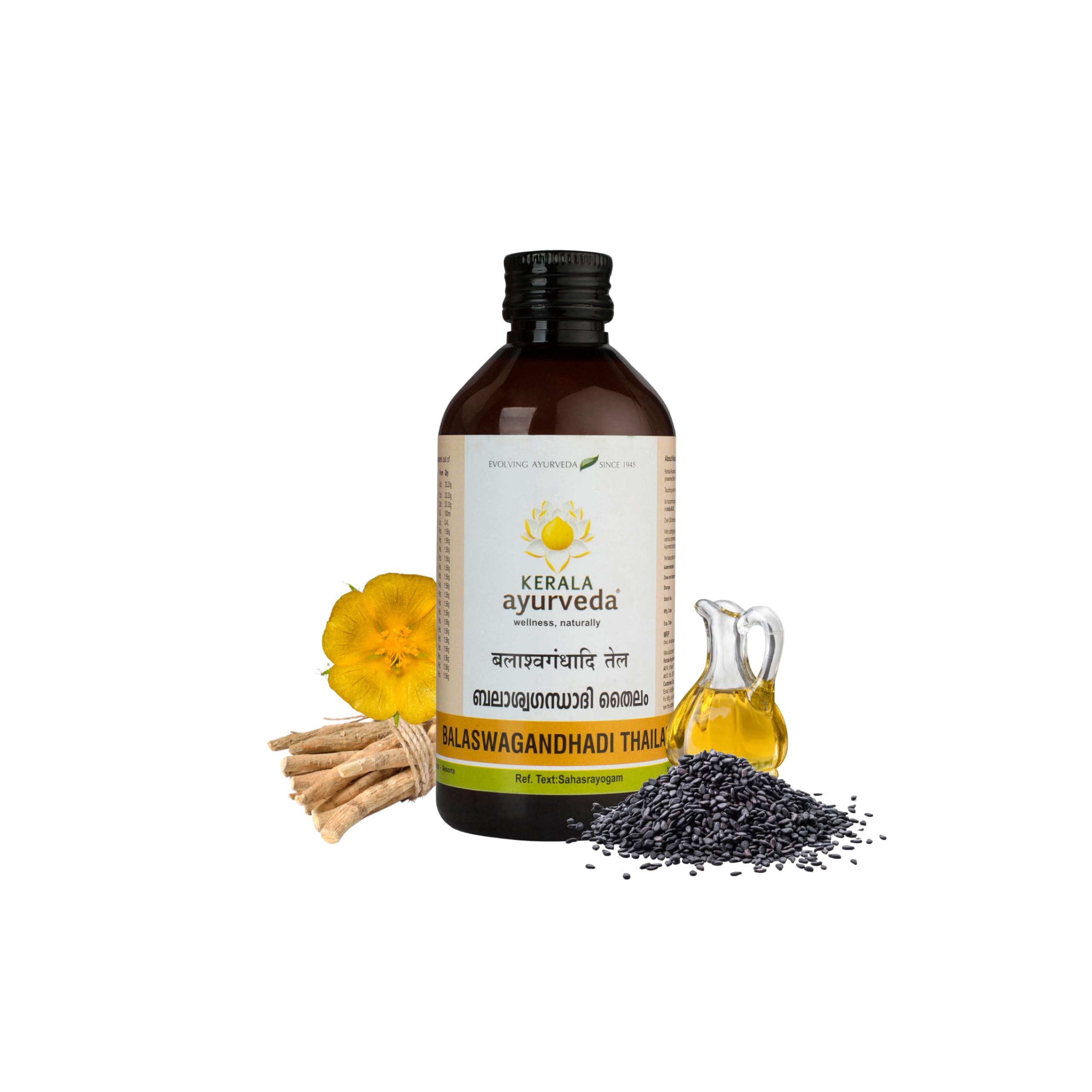 Kerala Ayurveda Balaswagandhadi Thailam - Organic Ayurvedic Massage Oil with Ashwagandha for Body & Mind - Vata Pitta Balancing, Muscle Toning, Stress Relief - 6.76 Fl Oz for Relaxation, Yoga & Holistic Wellness
