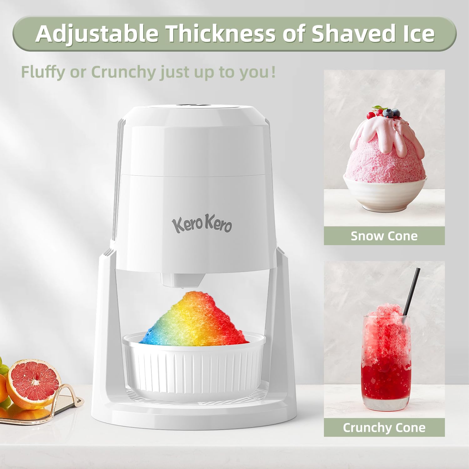 Premium Kero Kero Snow Cone Maker Machine - Electric Shaved Ice Maker with 2 Reusable Ice Molds & Adjustable Blades for Fluffy or Crunchy Texture - Perfect for Snow Cones, Slushies, Margaritas, Cocktails & Party Drinks - Portable & Easy to Use White Ice Shaver for Home, Parties & Outdoor Events