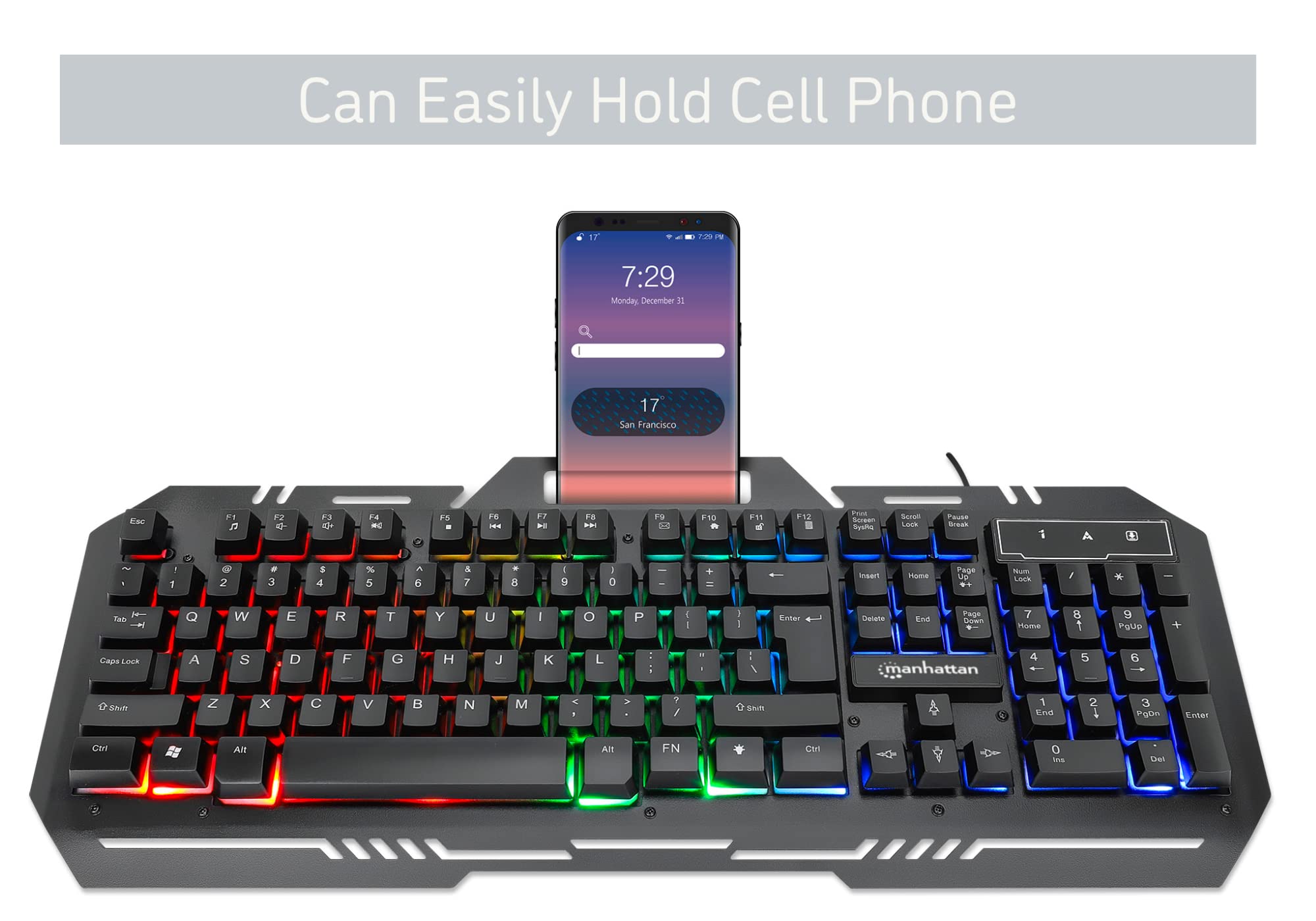RGB Backlit Wired Gaming Keyboard with Metal Base & Splashproof Design - Quiet Mechanical Keys, Phone Holder & Multimedia Controls for PC, Computer, Desktop - Perfect for Gamers, Office Work & Streaming - 3 Year Warranty (Model: 180610)