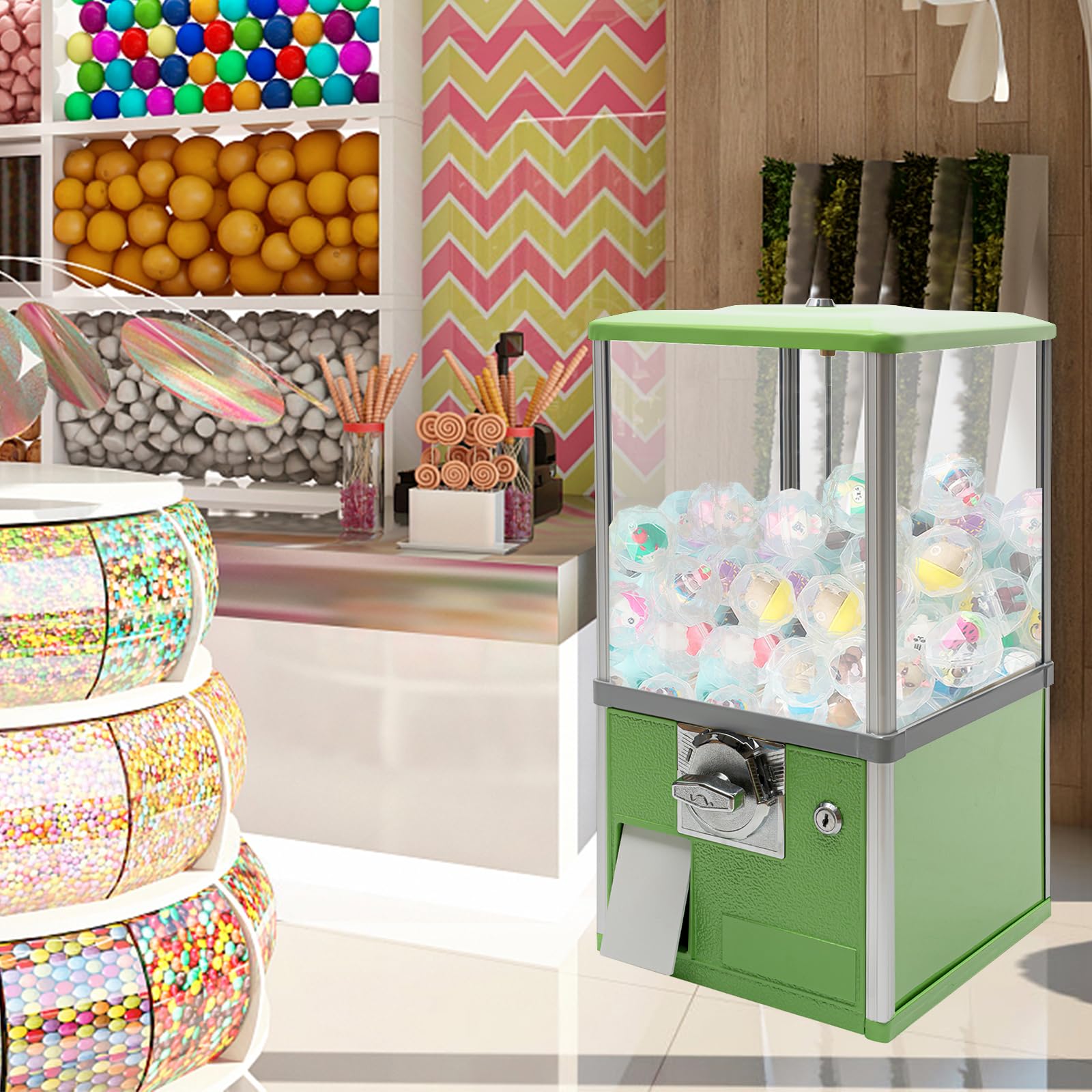 25 Cent Coin Operated Vending Machine - Commercial Gumball & Toy Capsule Dispenser for Candy, Nuts, Prizes (Green) | Perfect for Arcades, Retail Stores, and Party Favors