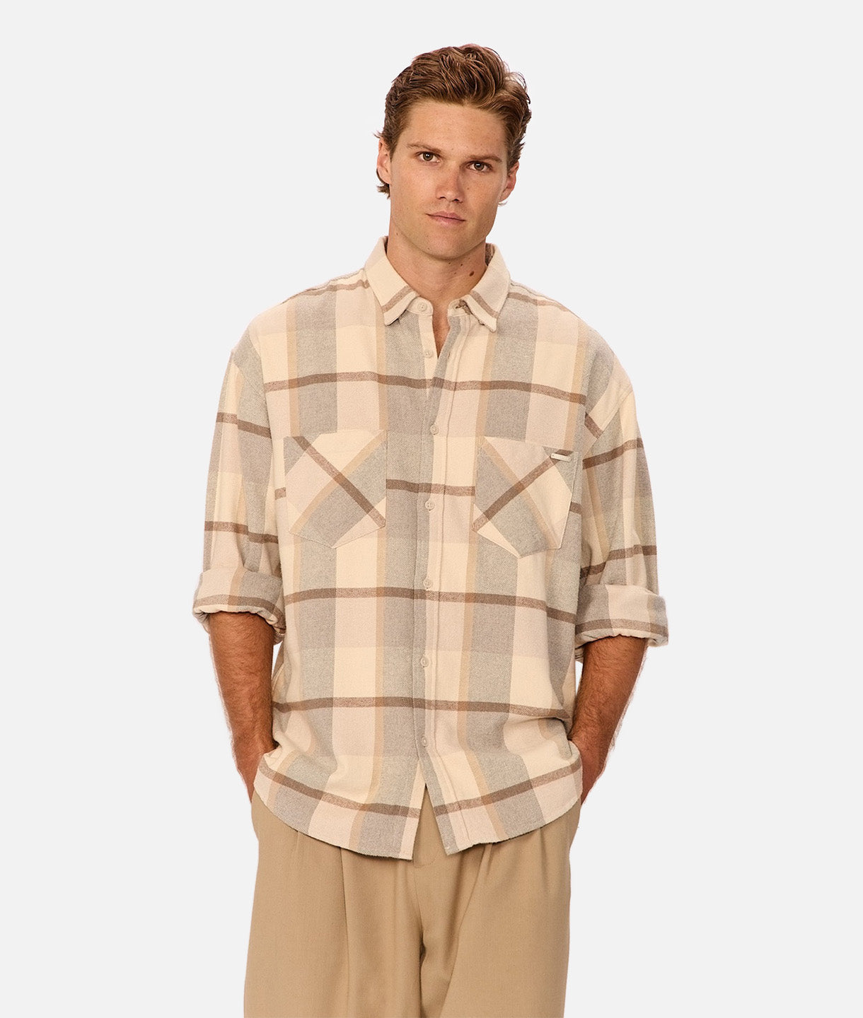 Hillside Long Sleeve Shirt for Men - Beige Charcoal Casual Button Down Shirt - Perfect for Office, Business Casual & Outdoor Activities