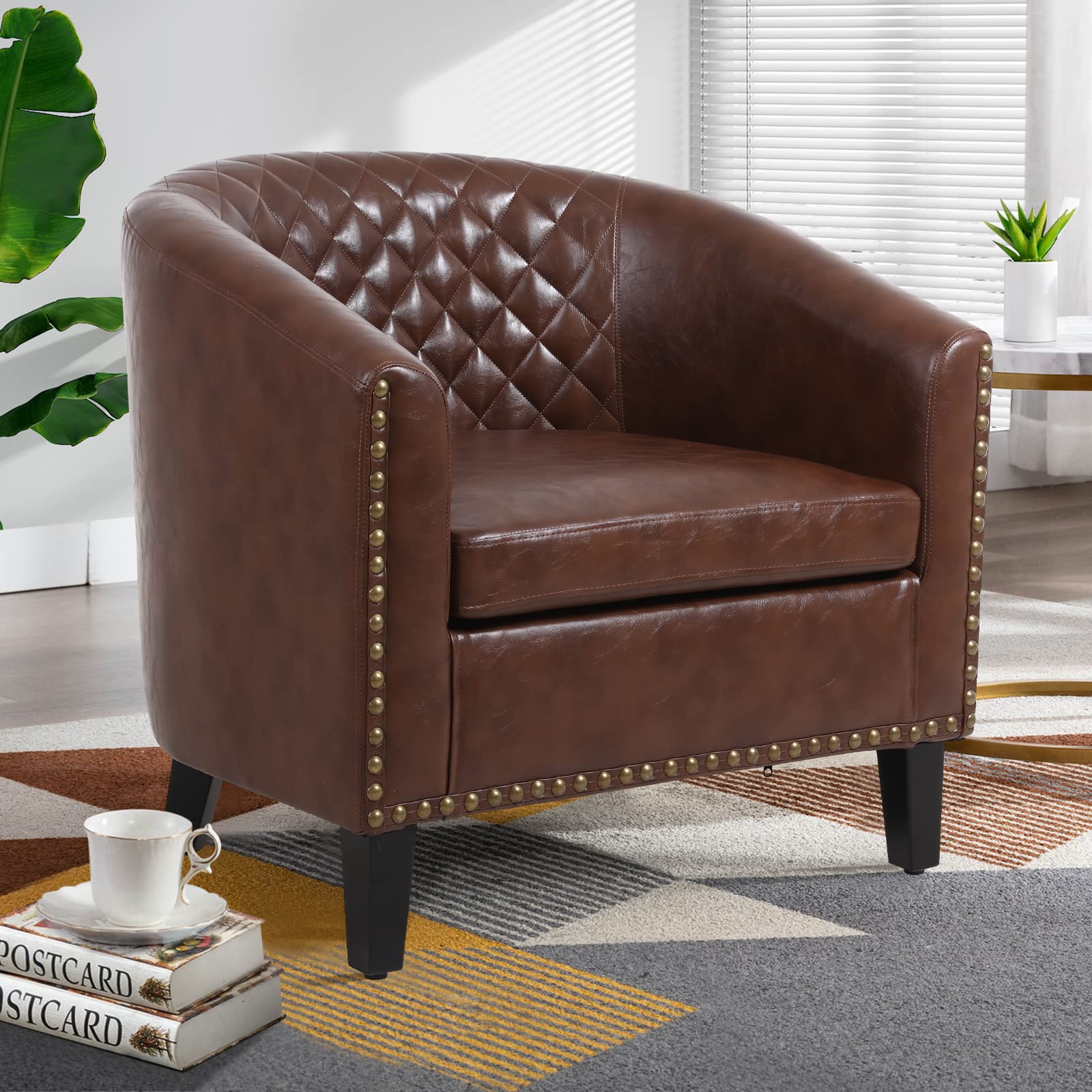 LETESA Barrel Accent Chair - Faux Leather Upholstered Club Chair with Nailhead Trim & Rubber Wood Legs, Diamond Tufted Bucket Seat for Living Room, Bedroom, Office - Brown Home Decor Furniture for Relaxing & Stylish Seating
