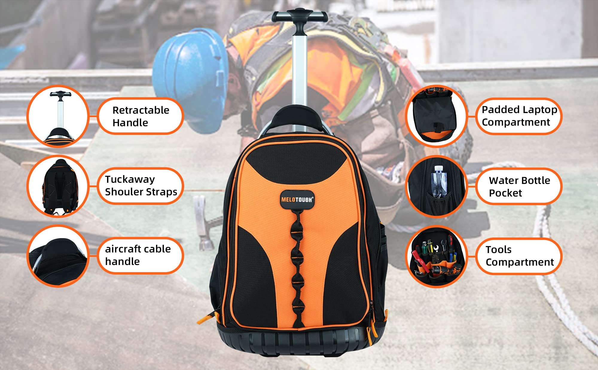 Heavy Duty Rolling Tool Backpack with 37 Pockets - Water Resistant Wheeled Tradesman Pro Organizer Bag, Large Interior Storage (Orange) - Perfect for Construction Sites, HVAC Work & Mobile Technicians