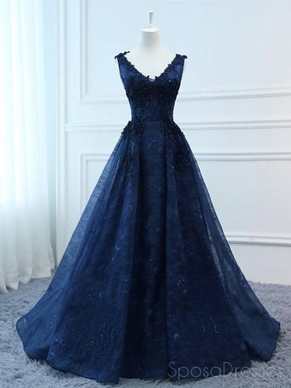 Navy Blue V-Neck Corset A-Line Lace Prom Dress for Evening Gala - Custom Long Formal Gown for Weddings, Homecoming & Special Occasions