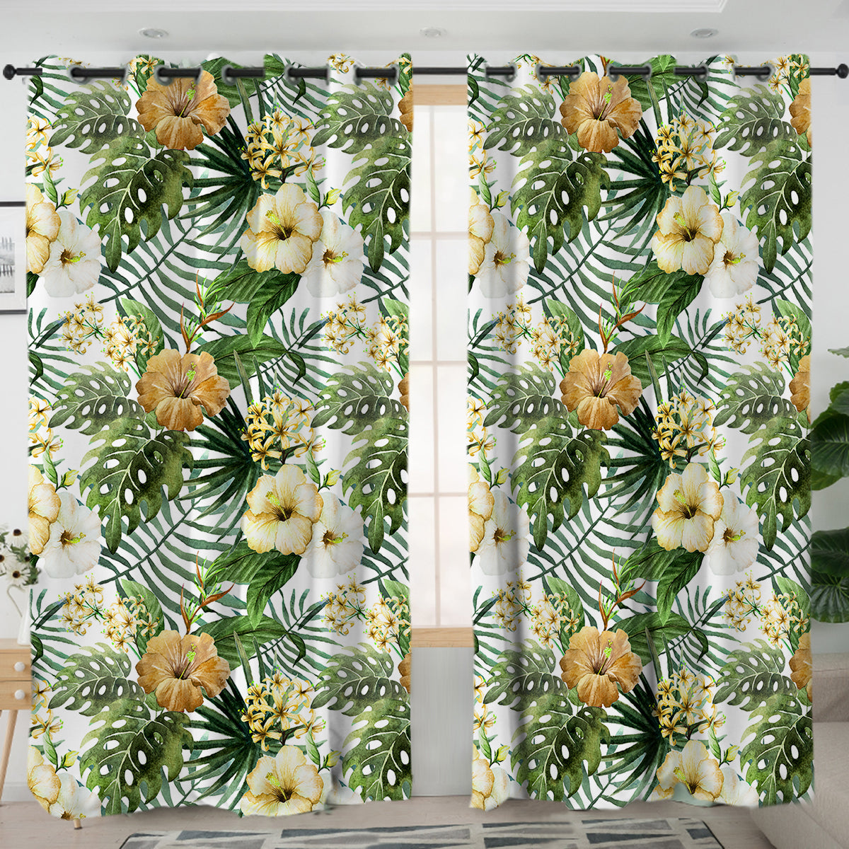Tropical Hibiscus Printed Curtains for Living Room & Bedroom - Vibrant Floral Window Drapes for Home Decor