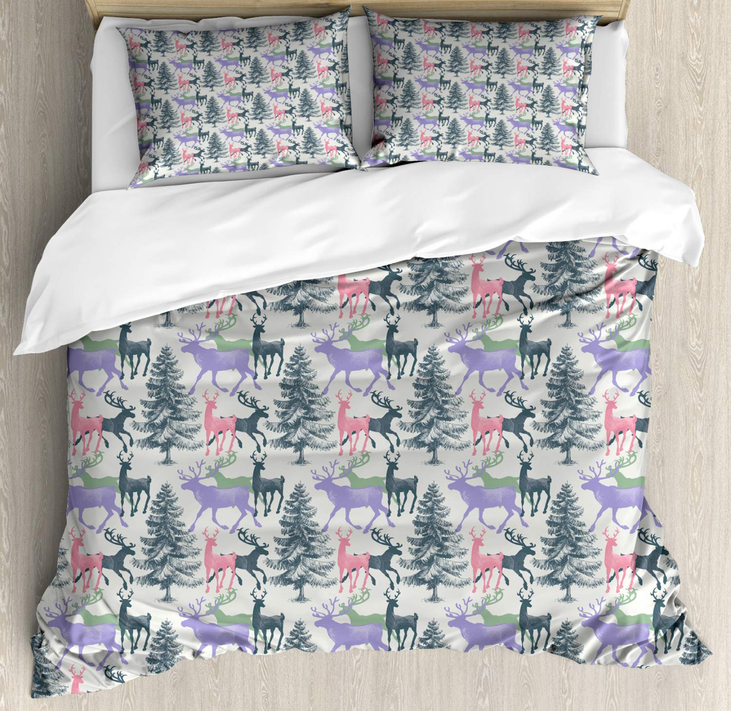 Ambesonne Deer Duvet Cover Set - Winter Christmas Themed Pine Tree & Animal Antlers Design - 2 Pack California King Size Bedding Set with 2 Duvet Covers & 4 Pillowcases - Perfect for Holiday Decor, Cozy Winter Nights & Festive Bedroom Makeover