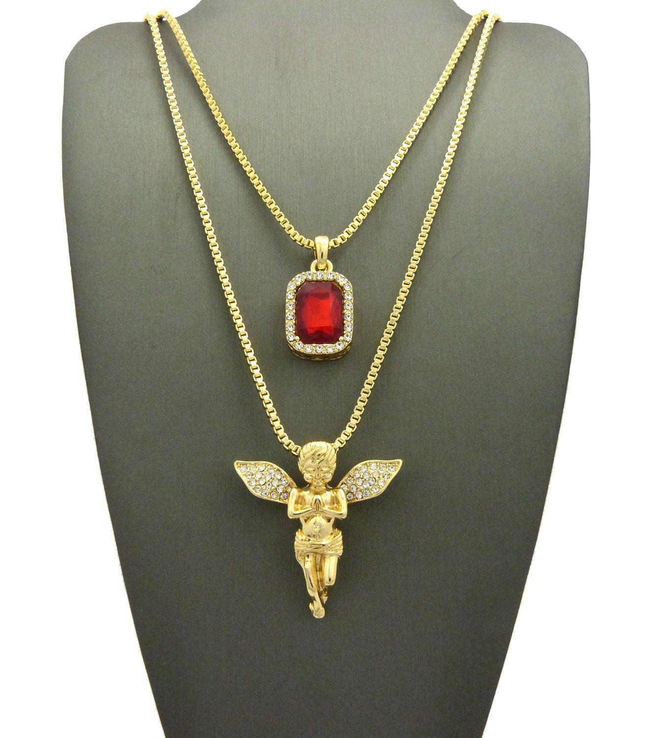 Iced Out Red Stone & Angel Pendant Necklace Set with 24