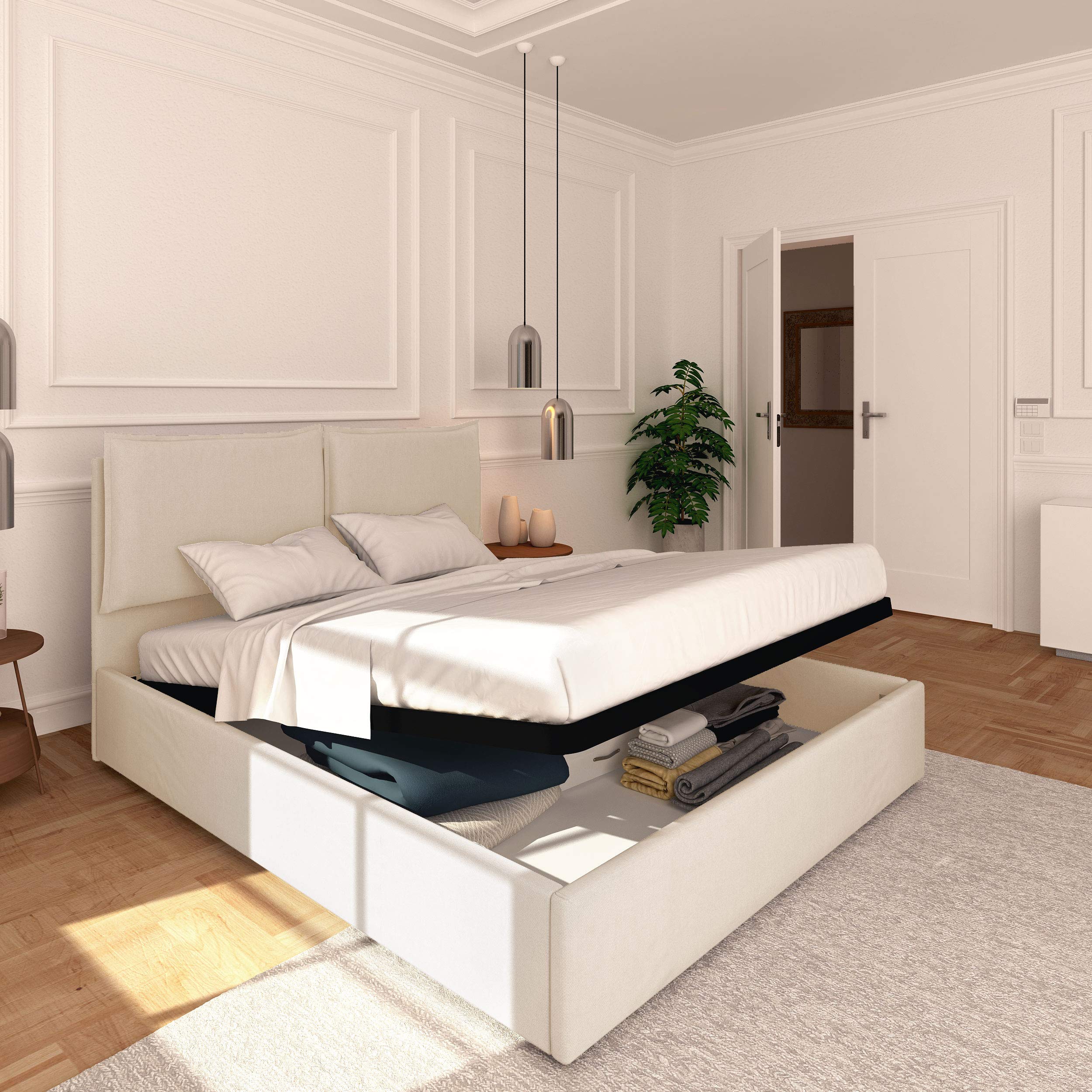 Baldiflex Licia Queen Size Bed Frame with Upholstered Headboard, Synthetic Leather, Slatted Base, Storage Drawer, 180x190cm, White - Perfect for Modern Bedrooms & Guest Rooms