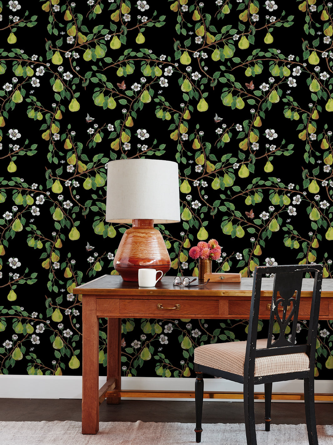 Giardino di Pere Wallpaper by Carly Beck - Elegant Black Floral Peel and Stick Wallpaper for Living Room, Bedroom & Home Decor