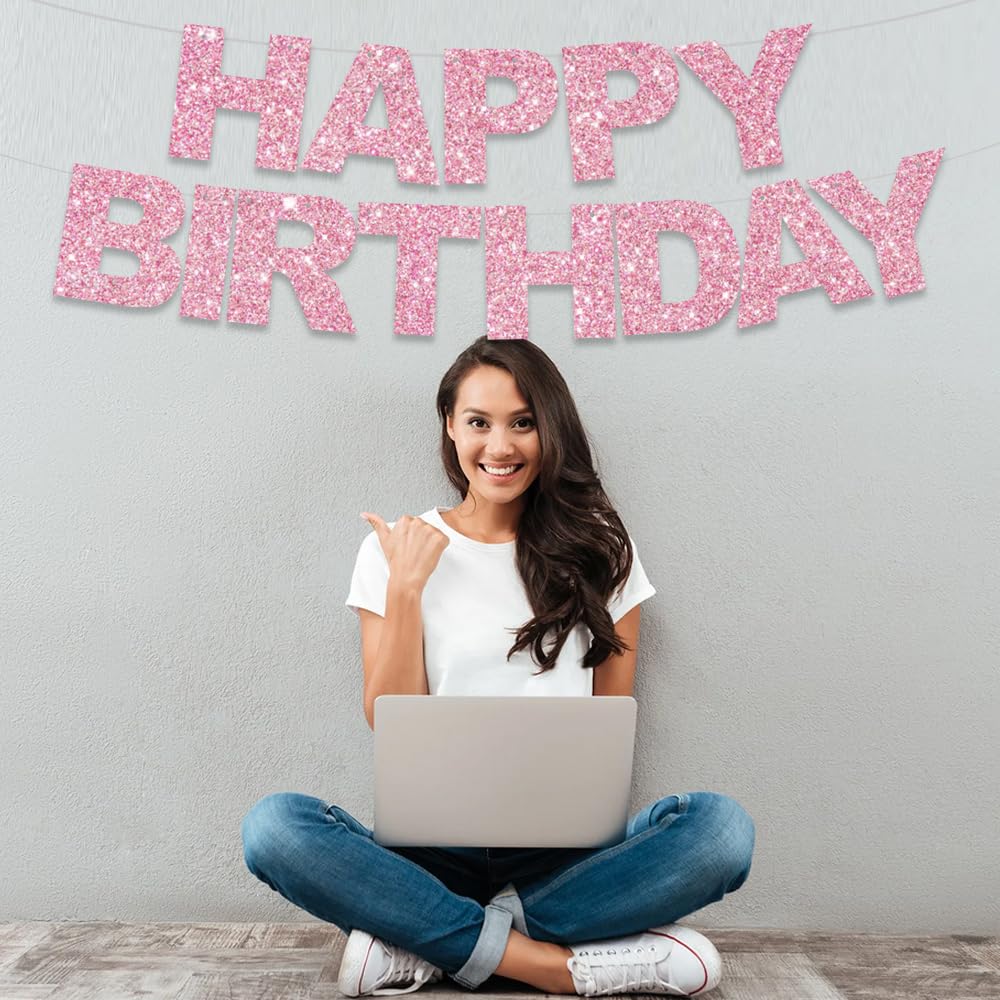 BEISHIDA Pink Happy Birthday Banner - Pre-Strung No DIY Birthday Decorations - Happy Birthday Sign for Women & Kids - Perfect for Party Backdrop, Wall Decor, and Birthday Photo Booth Background