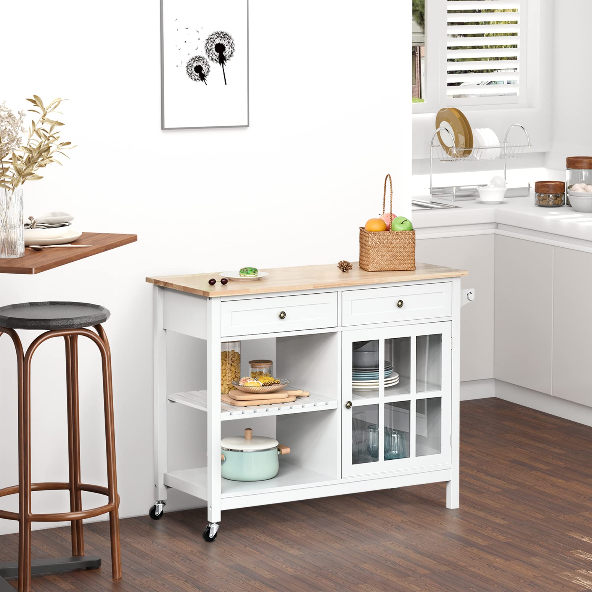 HOMCOM White Rolling Kitchen Island with Storage - Solid Wood Top, Glass Door Cabinet, Adjustable Shelf, Towel Rack & 2 Drawers - Perfect for Small Kitchen, Dining Room & Apartment Cooking Space