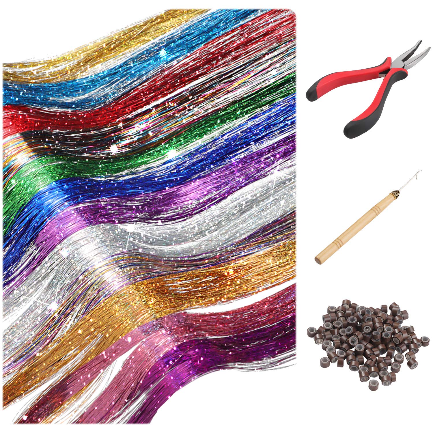 Premium Hair Tinsel Extensions Kit - 2400 Strands in 12 Vibrant Colors with Silicone Link Rings & Beads | Perfect for Halloween, Christmas & Party Hair Decorations | Great for Women & Girls' Festive Hairstyles