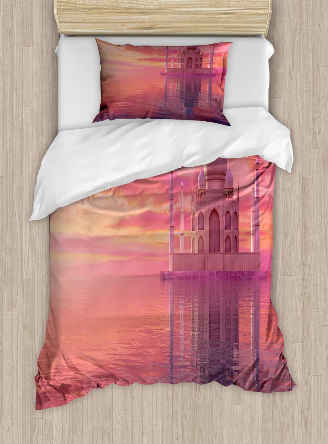 Ambesonne Travel Duvet Cover Set | Taj Mahal Design with Tangerine & Pink Sky | 2-Piece Twin Size Bedding Set with Pillow Sham | Perfect for Home Decor, Guest Rooms & Travel Enthusiasts